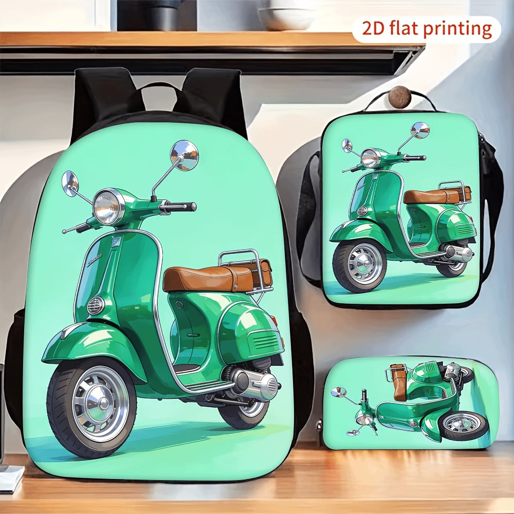 3pcs Vintage Green Scooter Print Backpack Lunch Bag Pencil Case