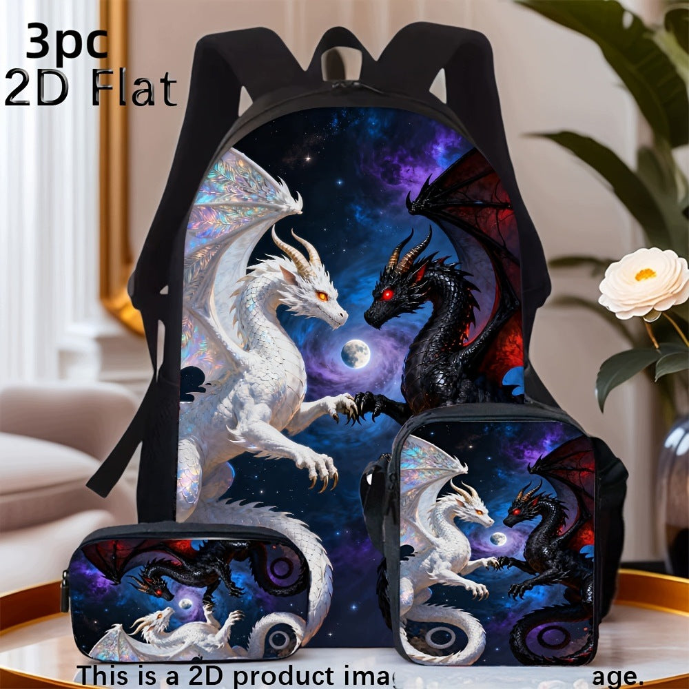 3pcs White Black Dragon Starry Sky Backpack Pencil Case Shoulder Bag