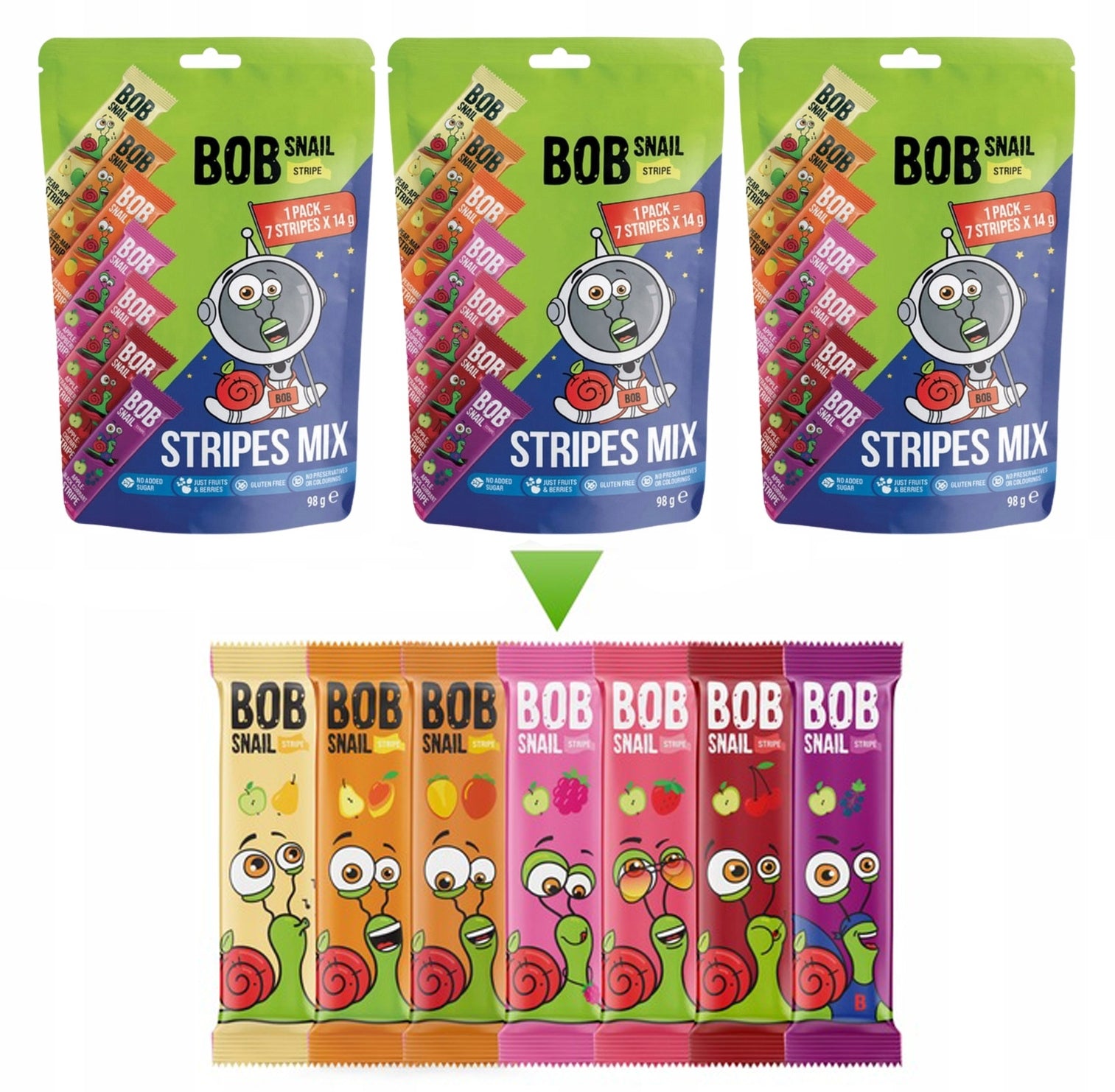 3x BOB SNAIL Strip 7 Flavours x 14g FRUIT SNACKS MIX Strips 100% Fruit