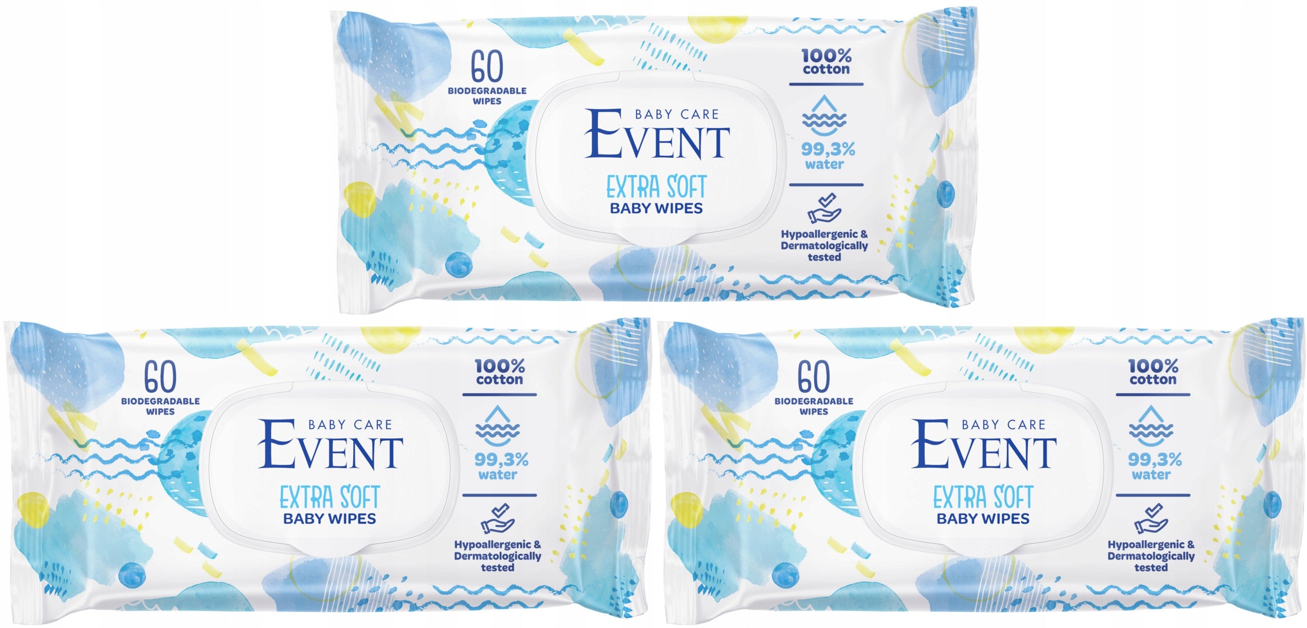 3x Baby Wipes EVENT BABY Extra Soft 60pcs with Clip