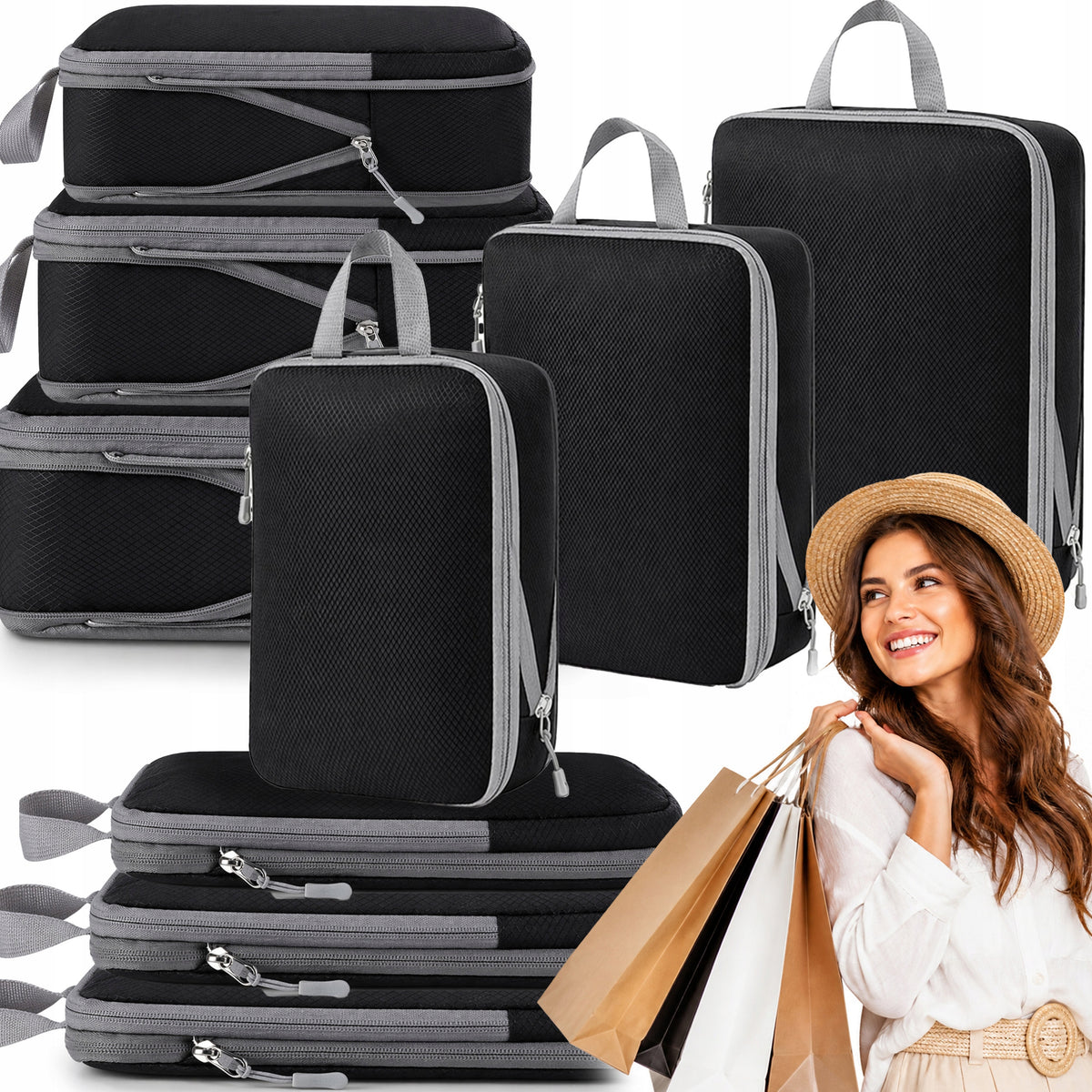 3x COMPRESSION ORGANIZER FOR PACKING SUITCASES TRAVEL BAGS BLACK SET
