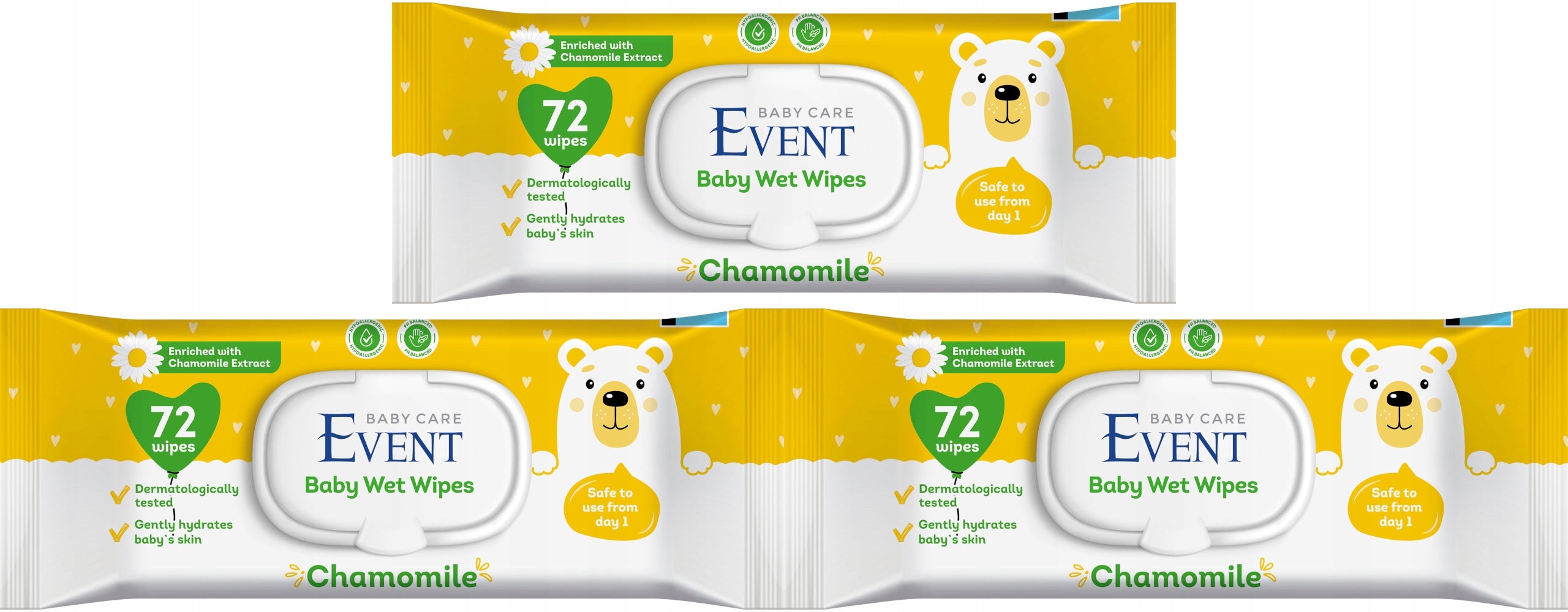 3x EVENT BABY Chamomile 72pcs Baby Wipes with Clip