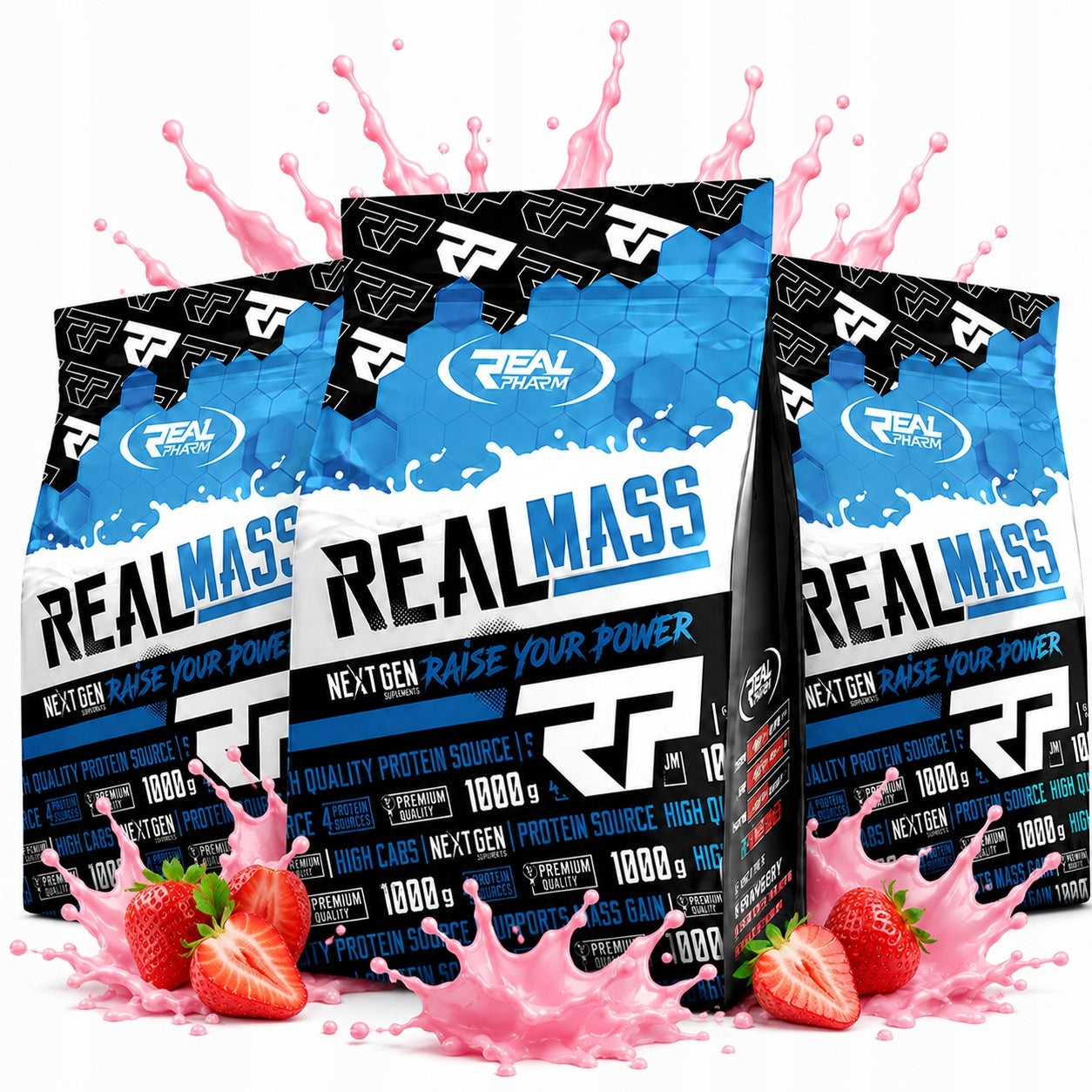 3x GAINER FOR MASS protein carbohydrates Strawberry REAL PHARM Real Mass 1000g