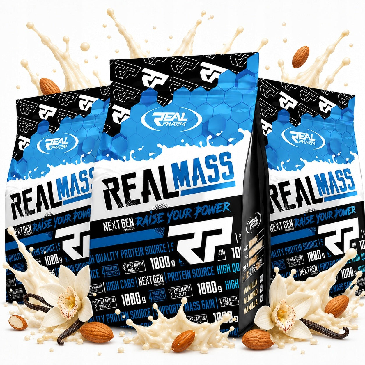 3x GAINER for mass PROTEIN CARBOHYDRATES 1KG Real Mass 1000g Vanilla Almond