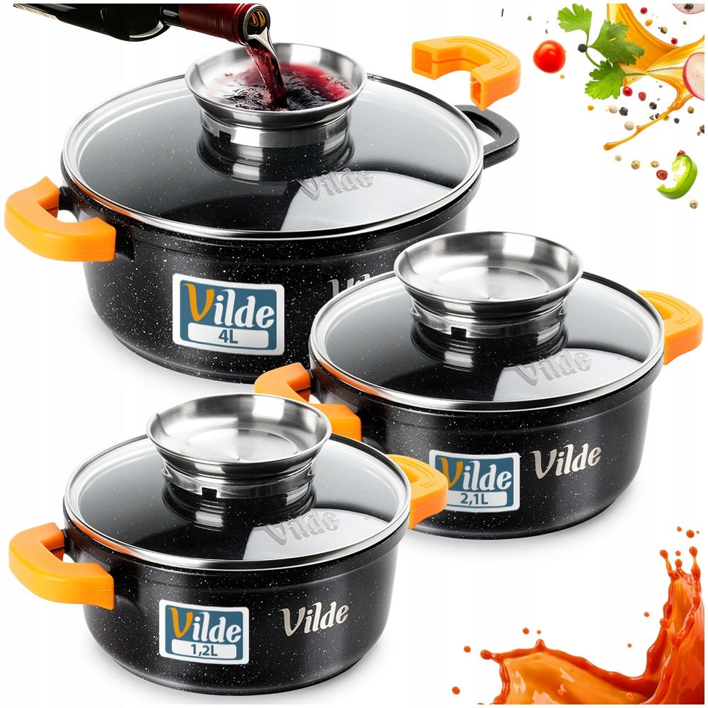 3x GRANITe pots set of gas pots induction VILDE 16 + 20 + 24 cm