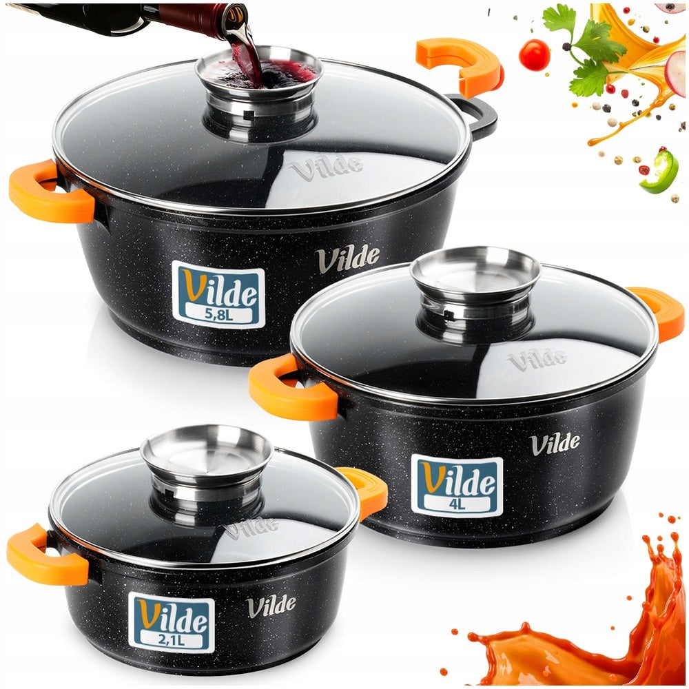 3x GRANITe pots set of gas pots induction VILDE 20 + 24 + 28 cm
