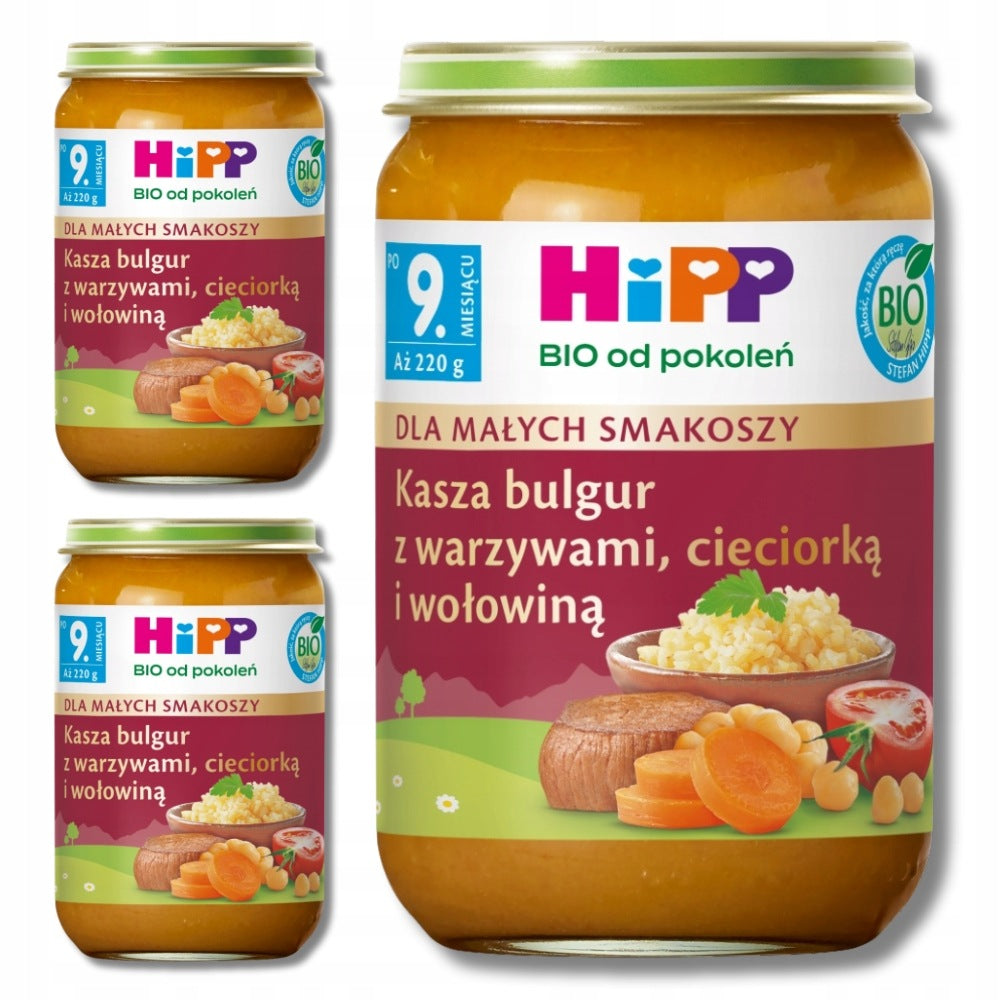 3x HiPP BIO GROATS bulgur with vegetables CHICKPEAS, BEEF after 9 months 220g