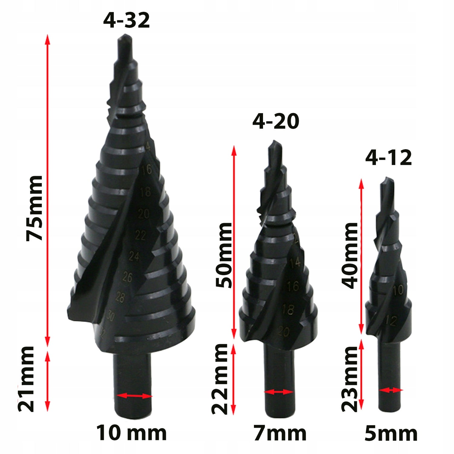 3x SPIRAL HSS Step Tapered Drill Bit for Wood Metal 4-32MM Set Packaging status original