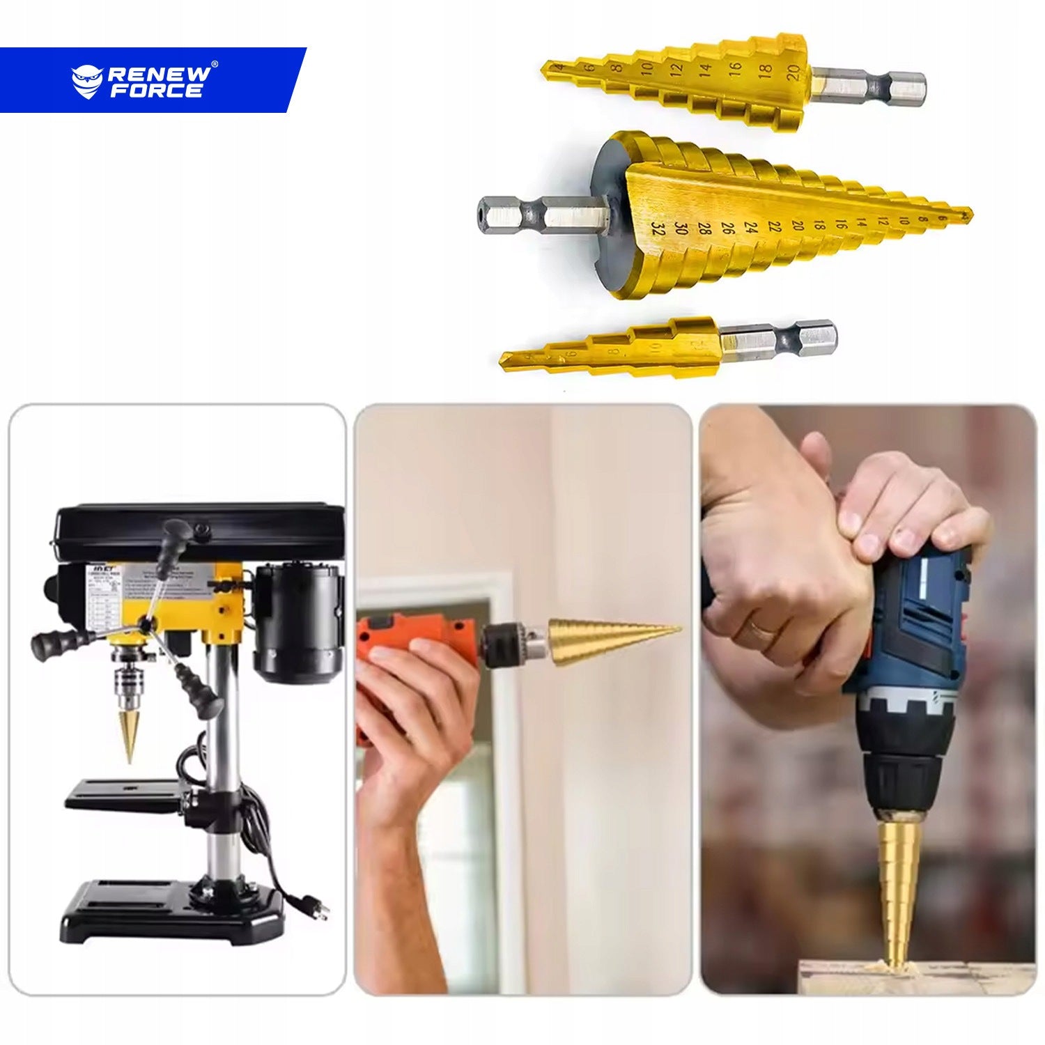 3x STEP DRILL BITS CONICAL TITANIUM DRILL BIT SET 4-32mm HEX Manufacturer code ZŁOTE DO METALU DREWNA PLASTIKU BLACH 4-20