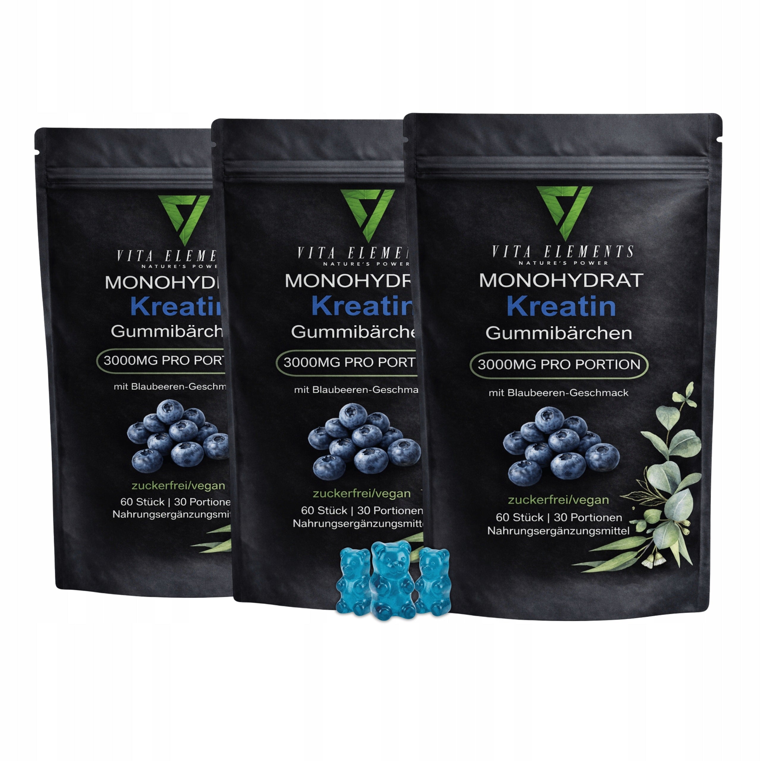 3x Vita Elements Creatine Monohydrate Blueberry Gummies 3000mg 60pcs