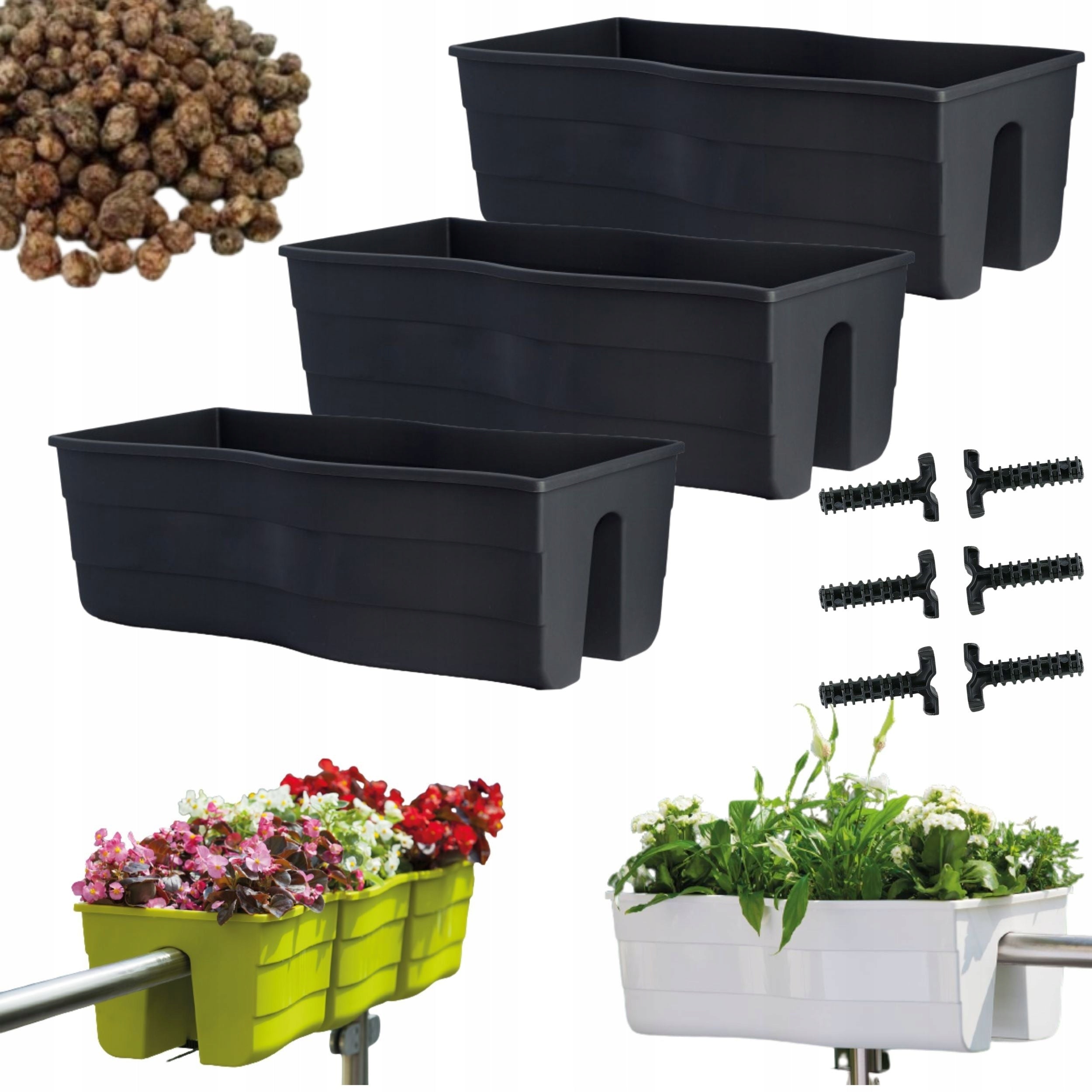 3x Wave 60 railing box, Balcony pot + expanded clay 5l