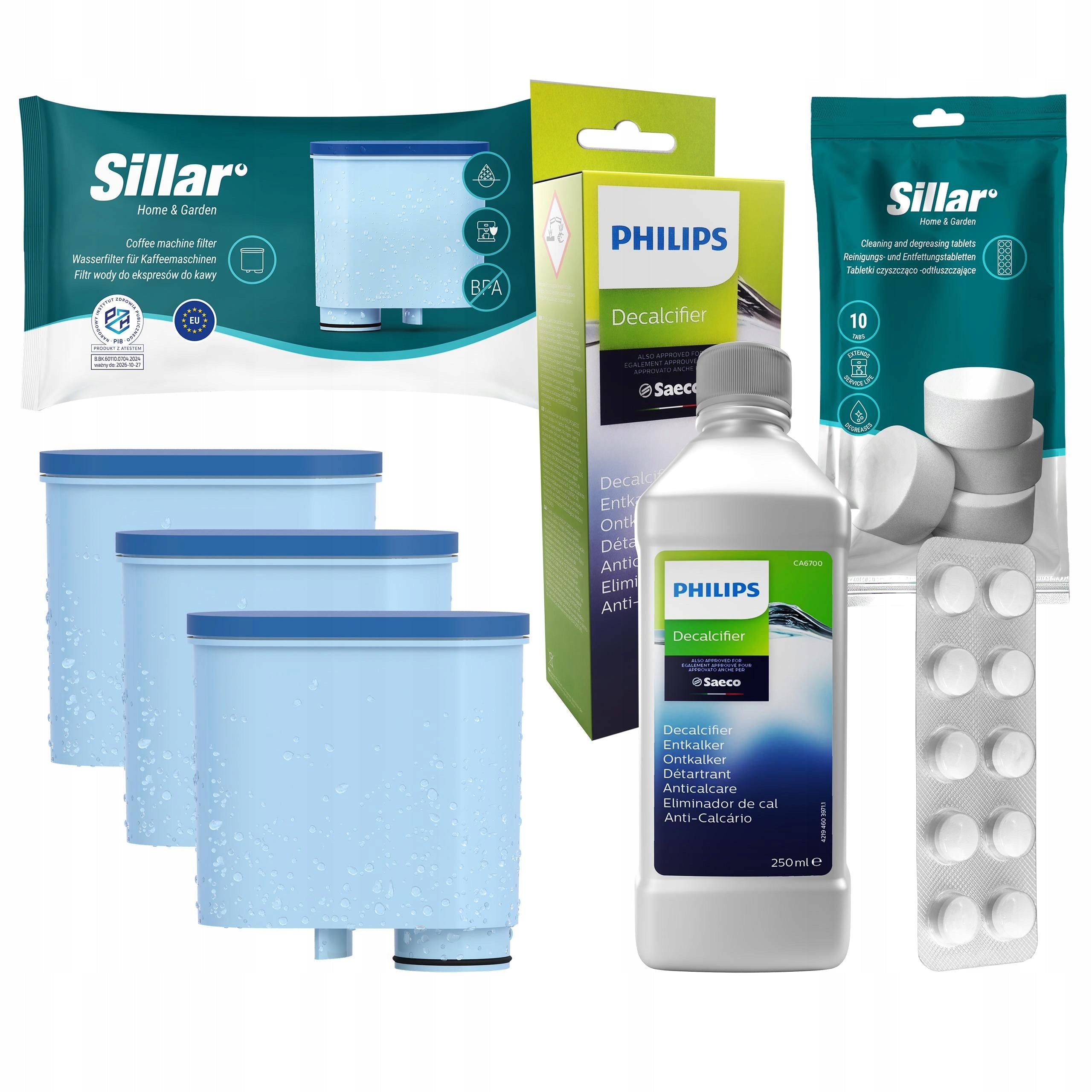 3x filter for Saeco Philips machine + Tablets + Philips descaler 250ml