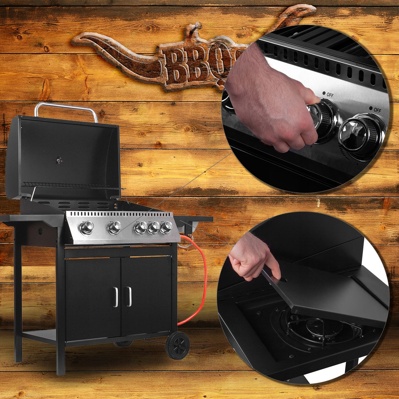 4+1 GARDEN GAS GRILL WITH COVER LARGE STAINLESS STEEL GRATE WHEELS COVER Grill depth 45 cm