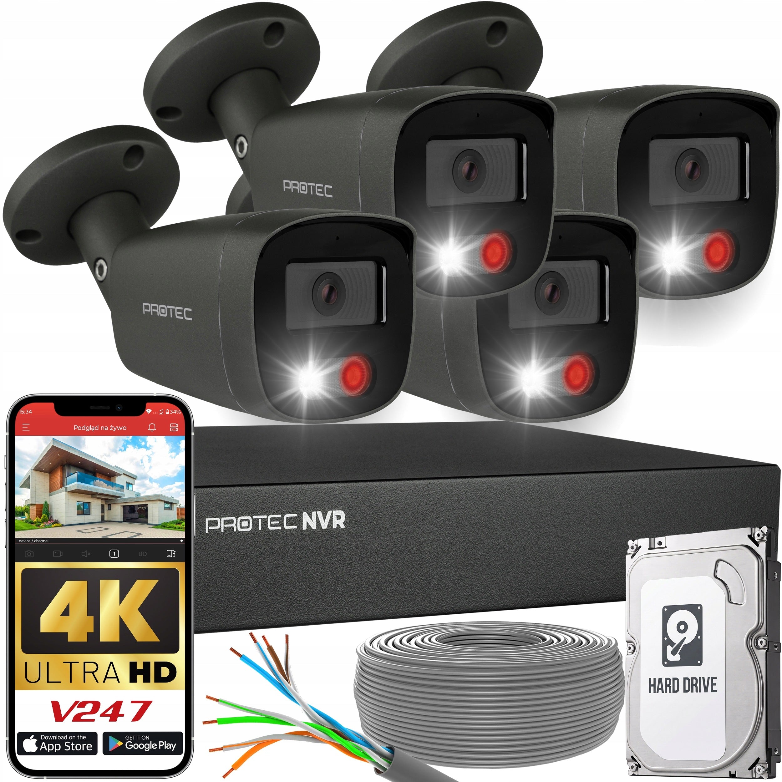 4 Camera Monitoring Kit 8Mpx 4K IP PoE External HDD