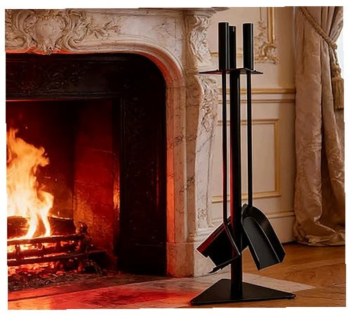 4 PIECE BLACK METAL CHIMNEY UTENSIL SET FOR FIREPLACE