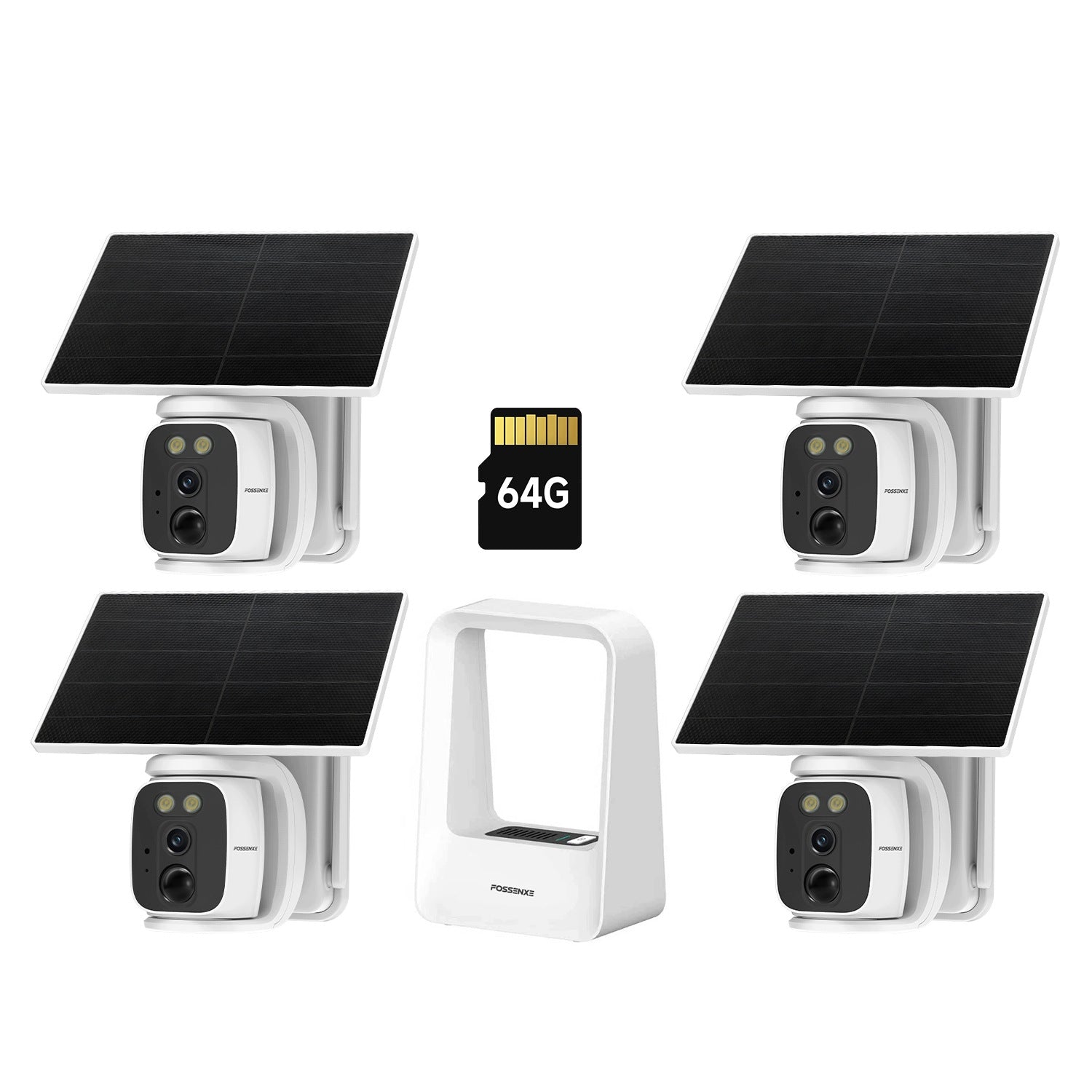 4-Pack FOSSENXE 4MP Solar Security Kit with Base Station – 64GB, 180° PTZ