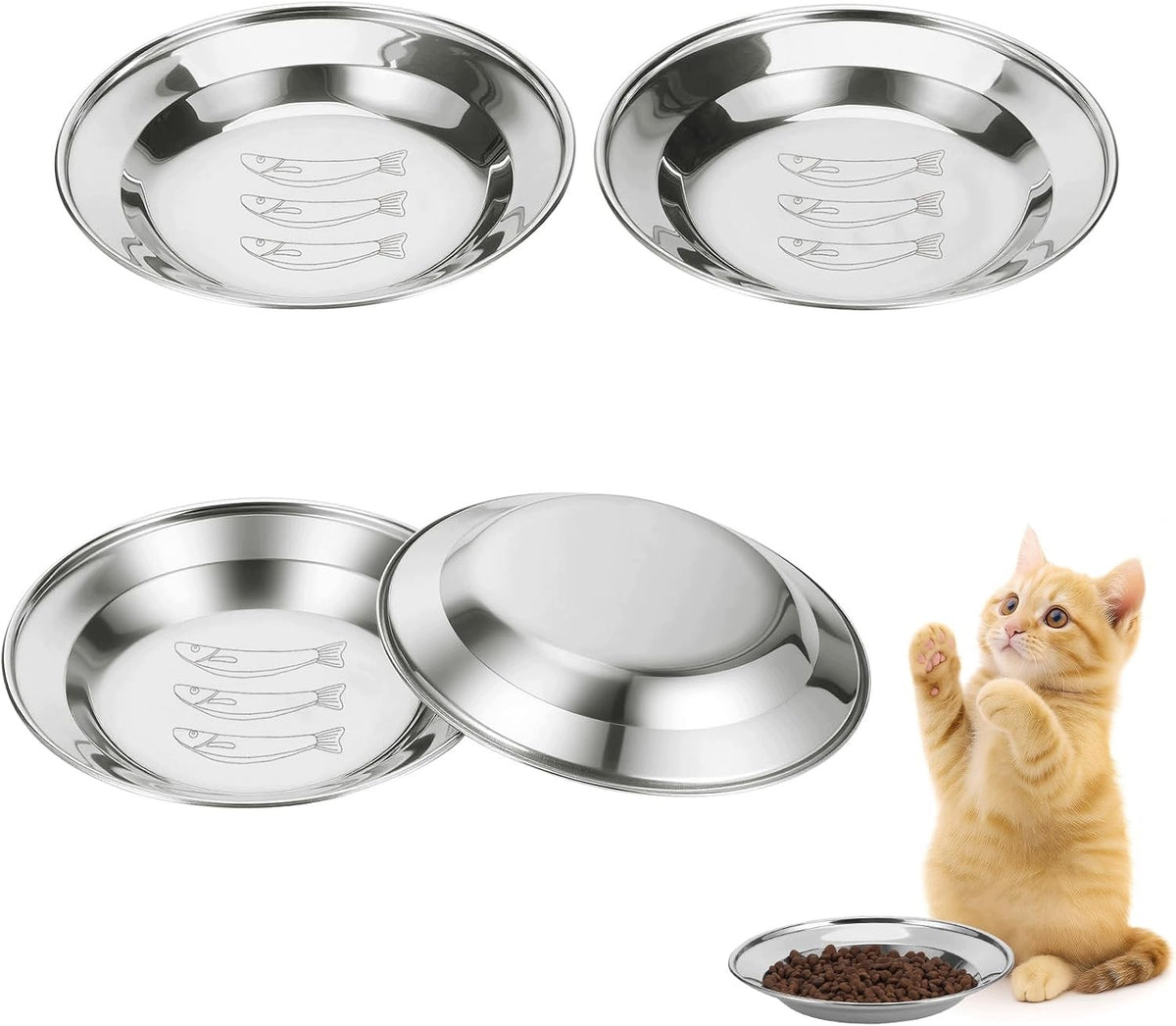 4 STAINLESS STEEL CAT BOWLS MUSTACHE FRIENDLY FISH PATTERN