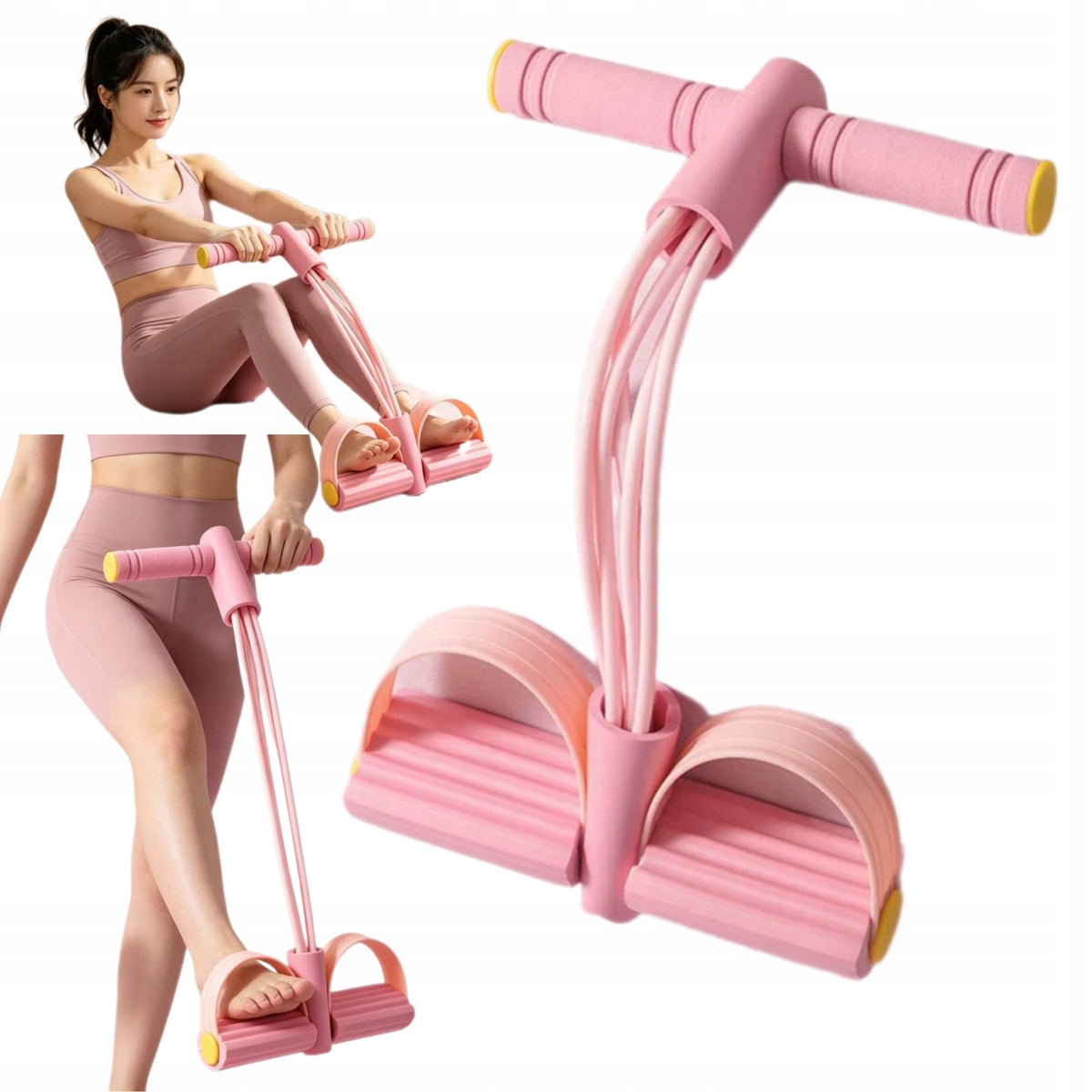 4-TUBE LEG EXERCISE PULLER WITH PEDALS YOGA ELASTIC ROPE-PINK