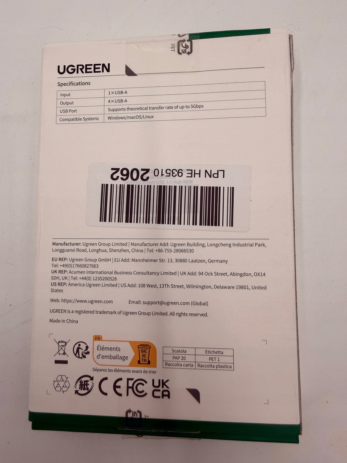 4-port USB 3.0 hub from UGREEN. Manufacturer code LY-98767
