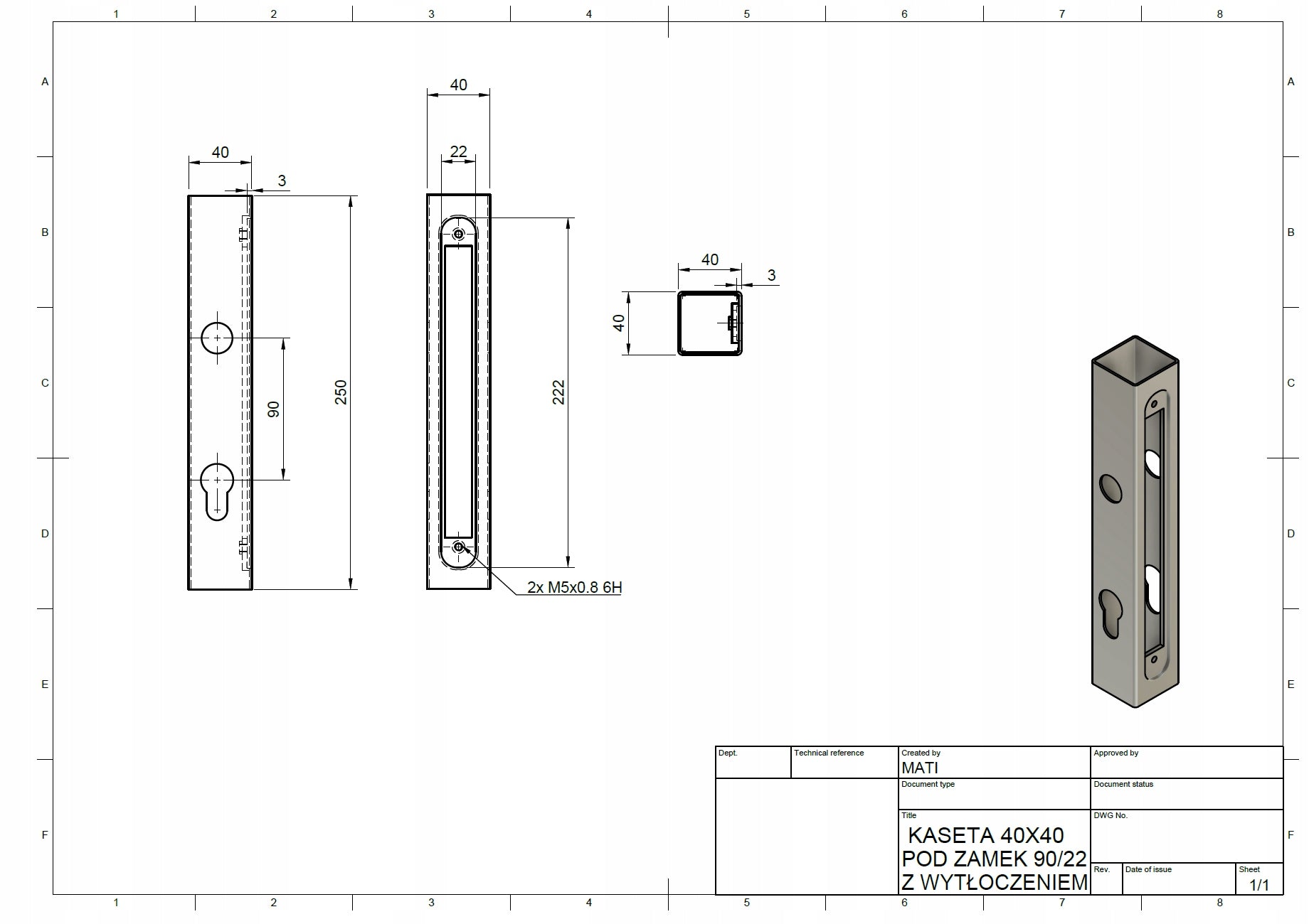 40x40 cassette with embossing and 90/22 narrow lock for wicket insert Lock type mortise lock