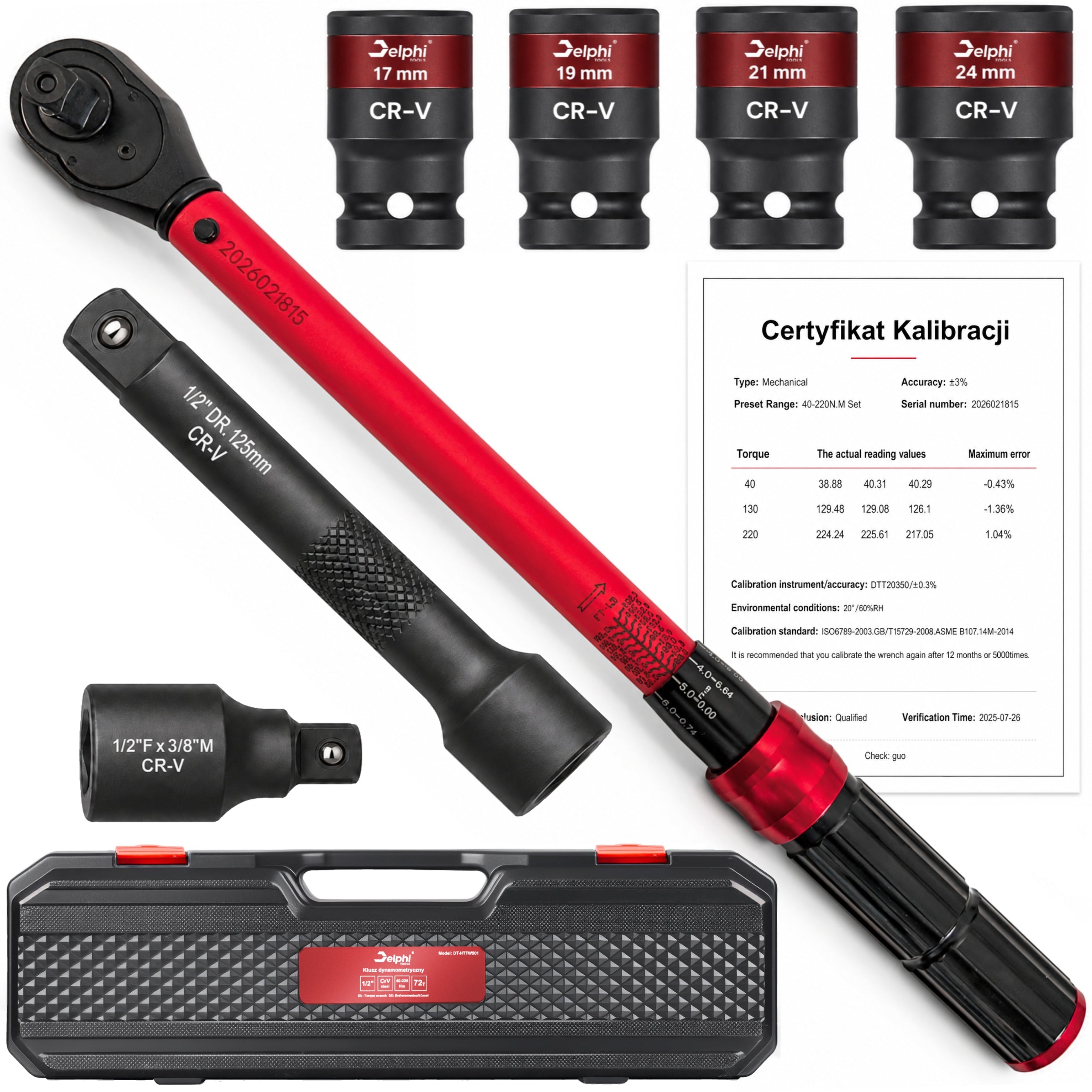 Veržliaraktis su momentu 1/2", 40–220 Nm, CrMO ir CrV, 4 galvutės 17, 19, 21, 24 mm, tikslumas ±3%