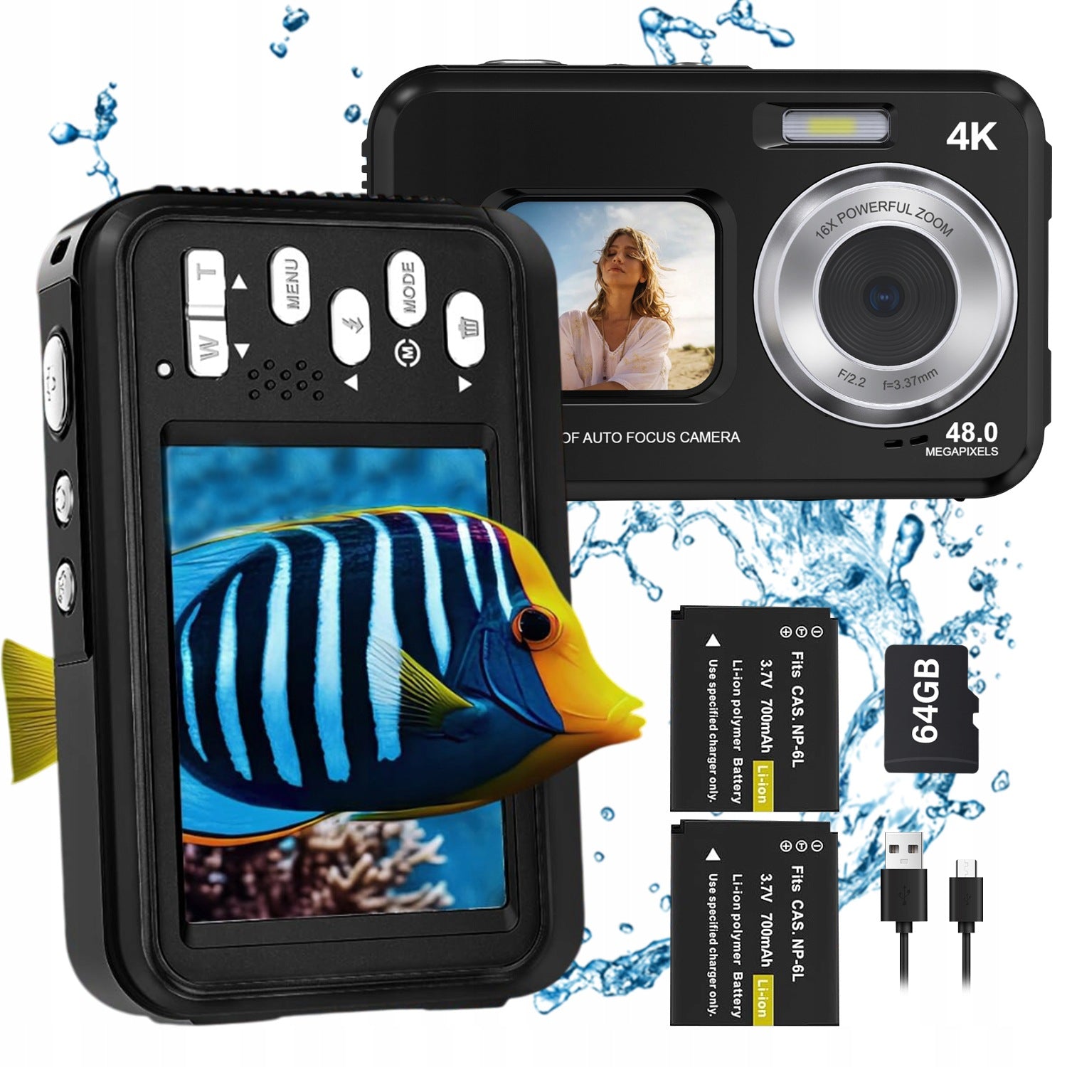 48MP 4K WATERPROOF DIGITAL CAMERA WITH 64GB CARD WITH TWO IP68 BATTERIES