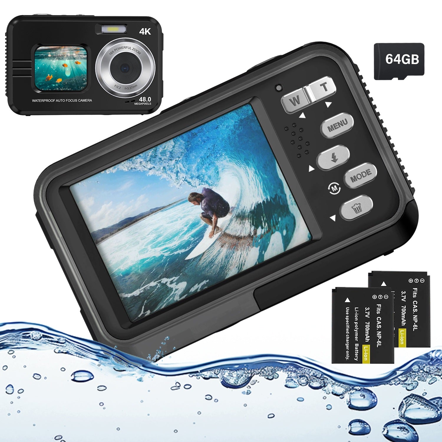 48MP 4K Water Resistant Sports Camera Dual Screen Recording