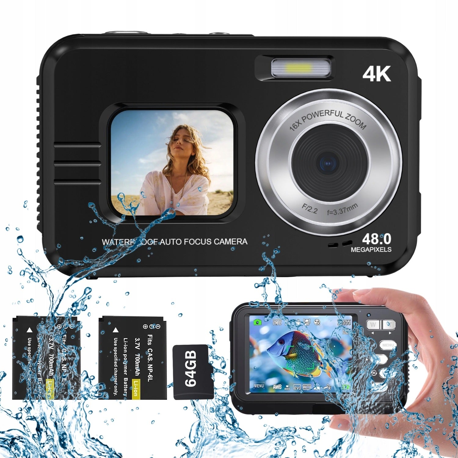 48MPX 4K DIGITAL CAMERA WATERPROOF DIVING SNORKELING CARD 64GB