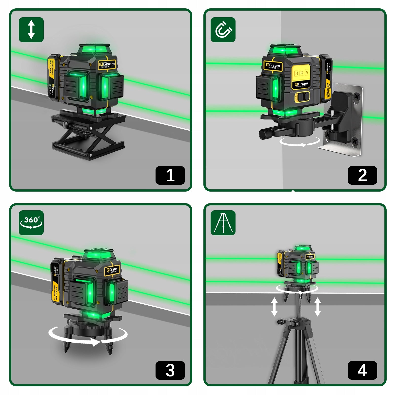 4D Laser Level 16 Lines Green Laser 360° 2x Batteries Tripod Remote Control Packaging status original