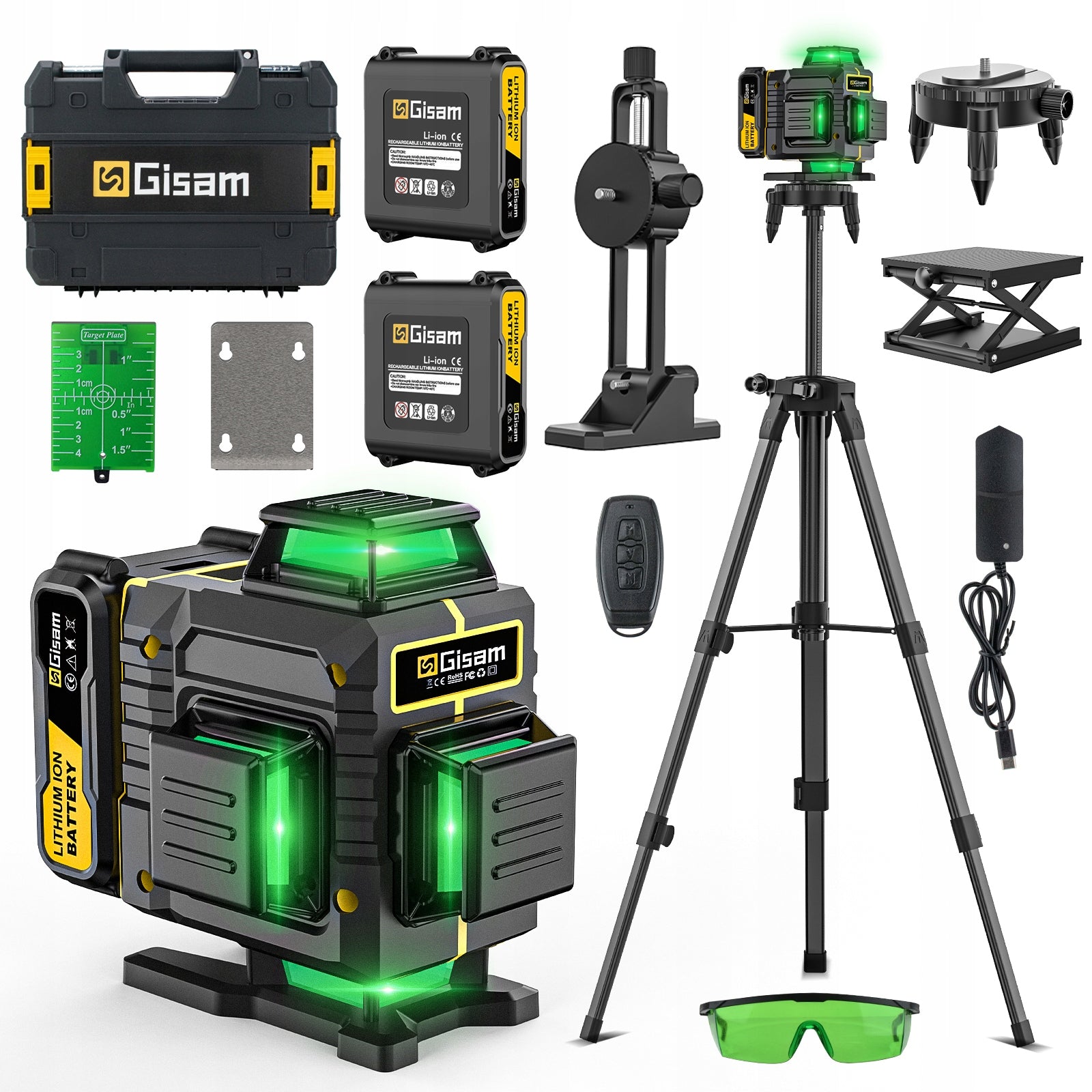 4D Laser Level 16 Lines Green Laser 360° 2x Batteries Tripod Remote Control
