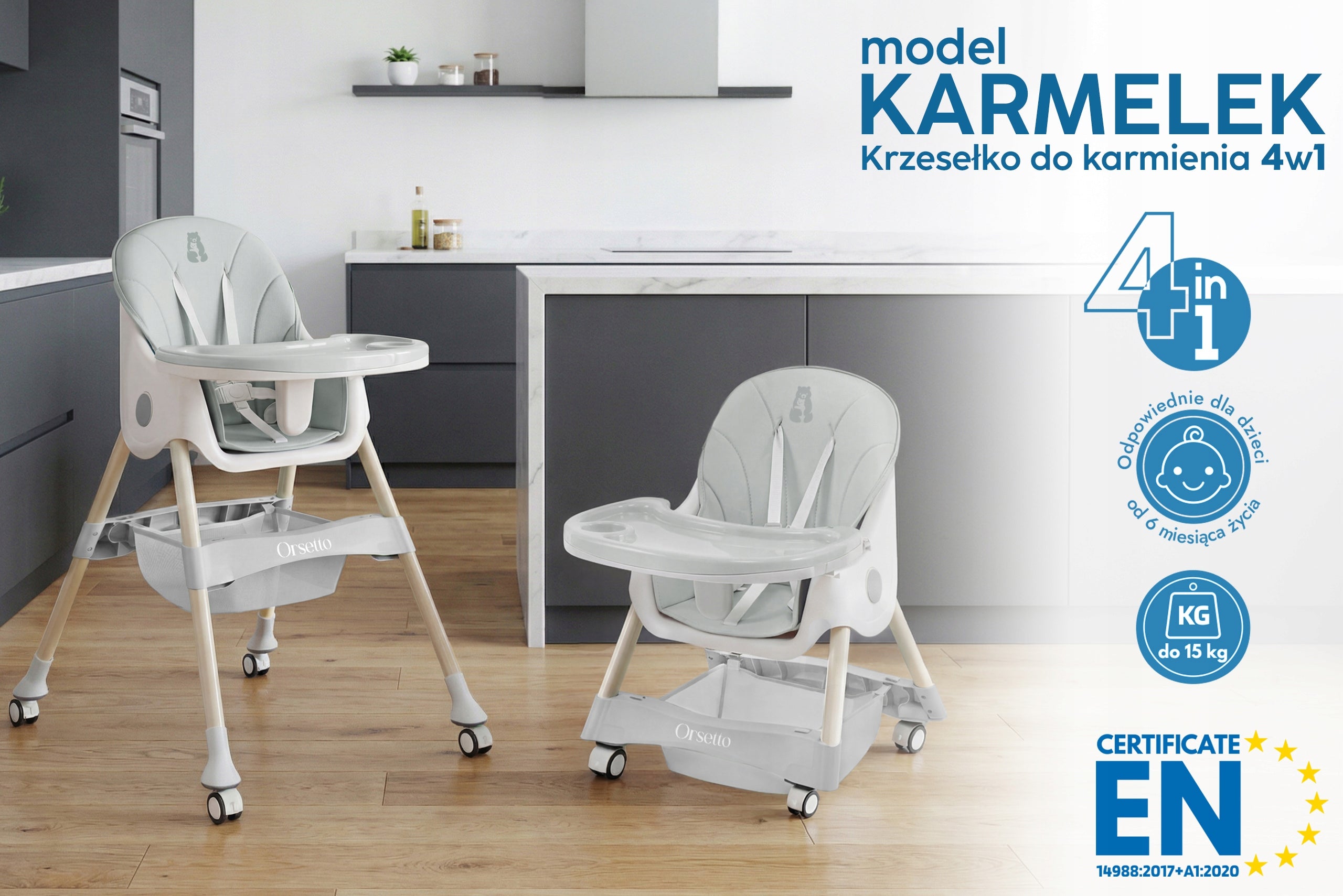 4IN1 FOLDING BABY CARAMEL FEEDING CHAIR WITH STRAPS + FREEBIE Color shades of gray and silver