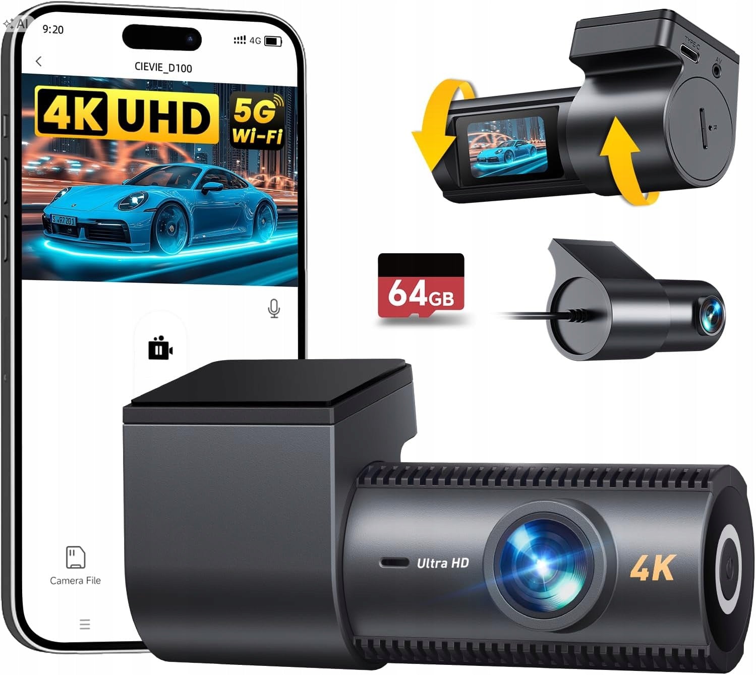 4K+1080P Dual Video Recorder 5.8G 170° 64GB WiFi Camera