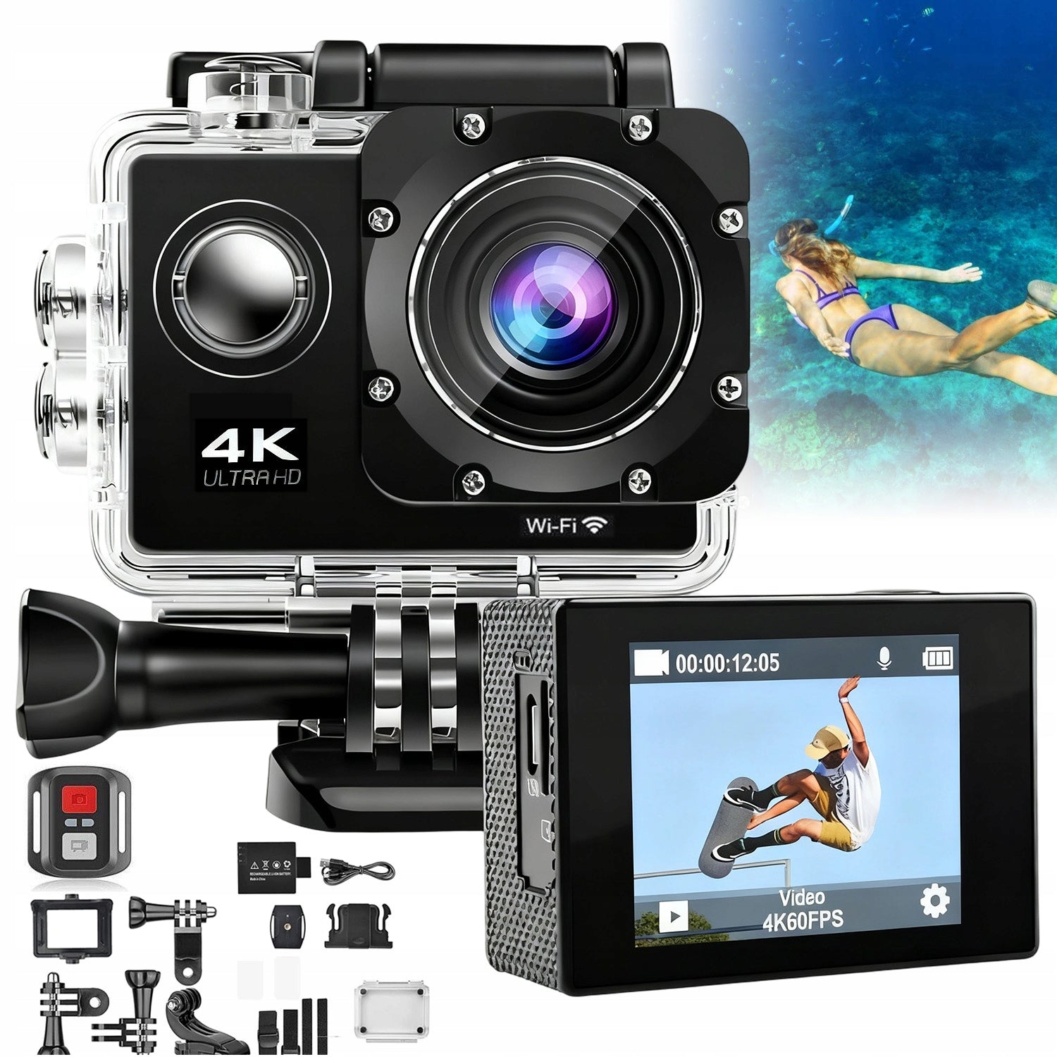 4K 30FPS Action Camera, 20MP WiFi Underwater Camera, Waterproof 4K Camera