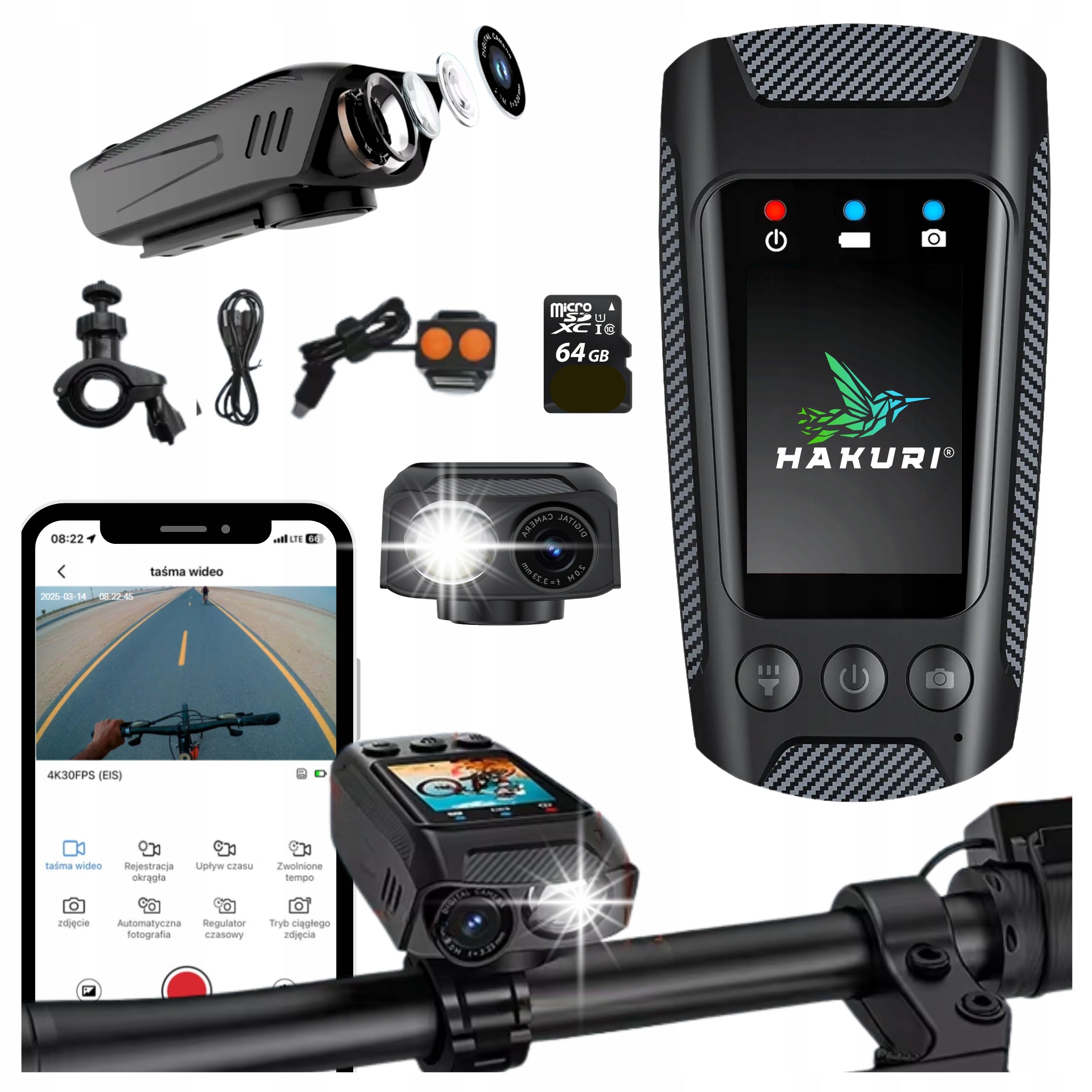 4K/60FPS UHD Video Sports Camera Flashlight Horn 4in1+ 64G Hakuri