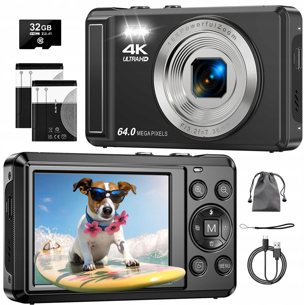 4K 64MP 16X Digital Camera Webcam Function Auto Focus +2xBattery
