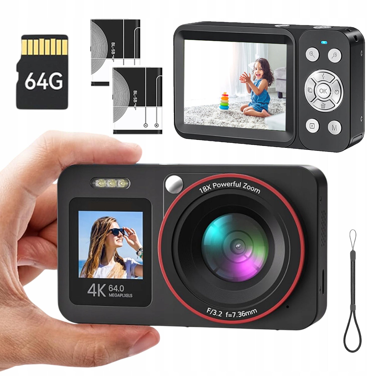 4K 64MP 18X ZOOM COMPACT DIGITAL CAMERA WITH 64GB SD CARD