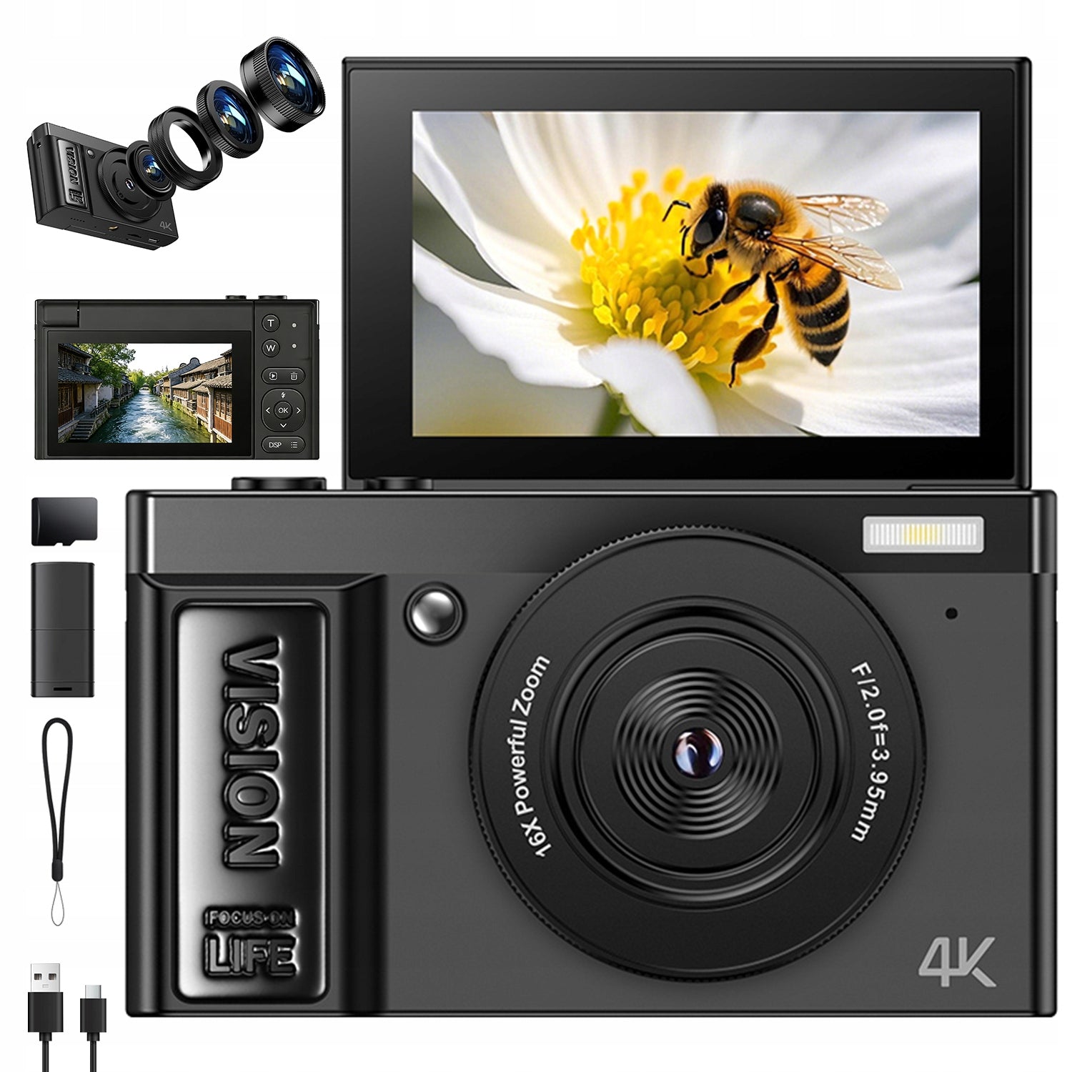 4K 64MP CAMERA WITH 16X ZOOM SCREEN WEBCAM 1500MAH