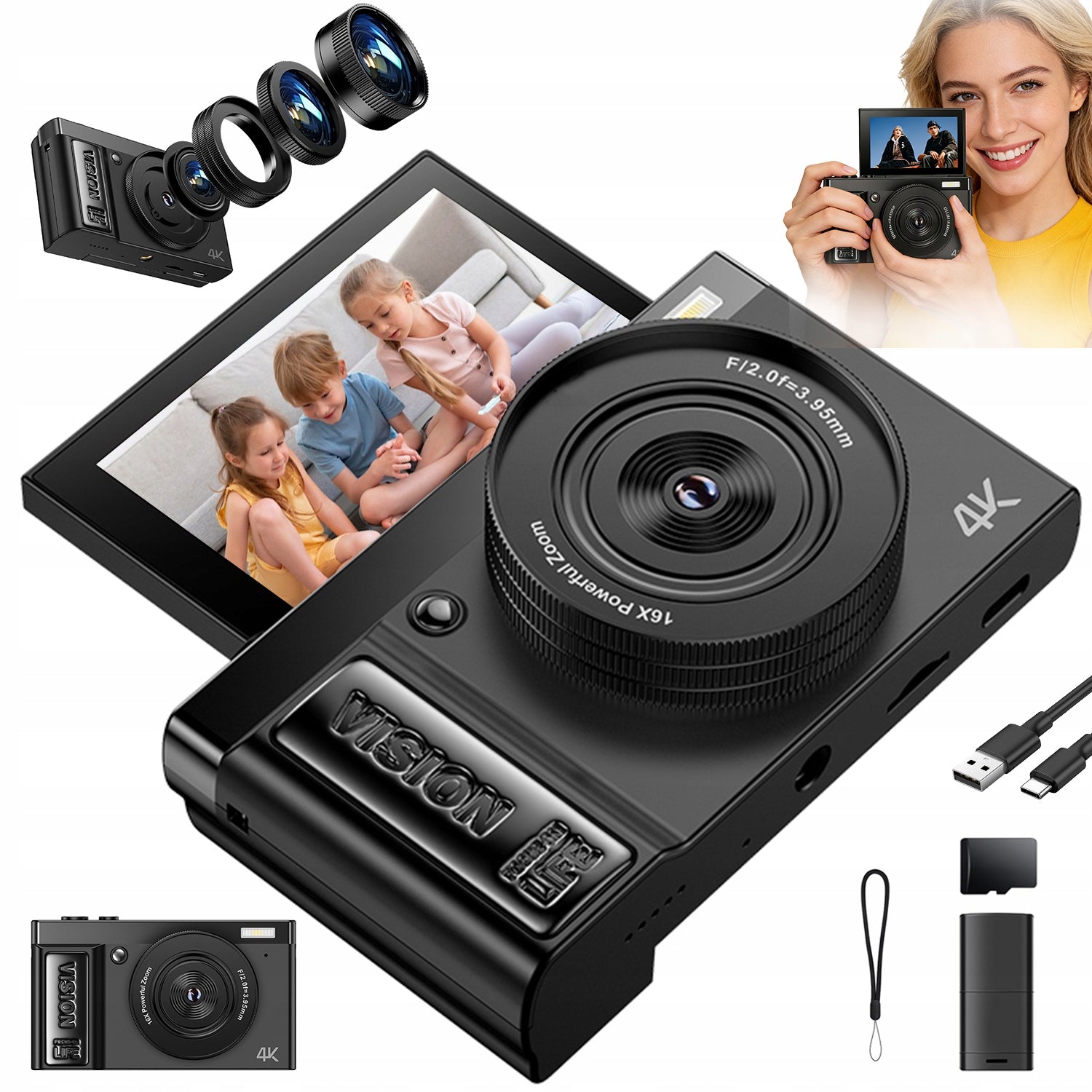 4K 64MP Digital Camera with 180° Rotating Screen, 16X Zoom - Perfect Gift