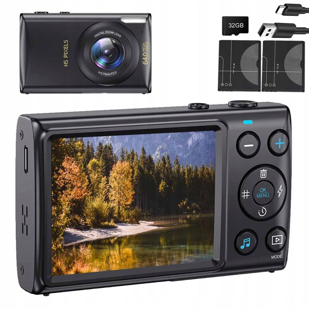 4K 64MP MINI DIGITAL CAMERA WITH FOCUS SEARCH AND 32GB CARD BLACK