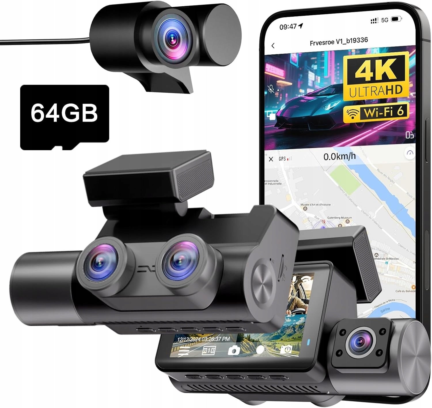 4K Car Camera 3-Channel WiFi 6 GPS Night Vision Card 64GB in Zest