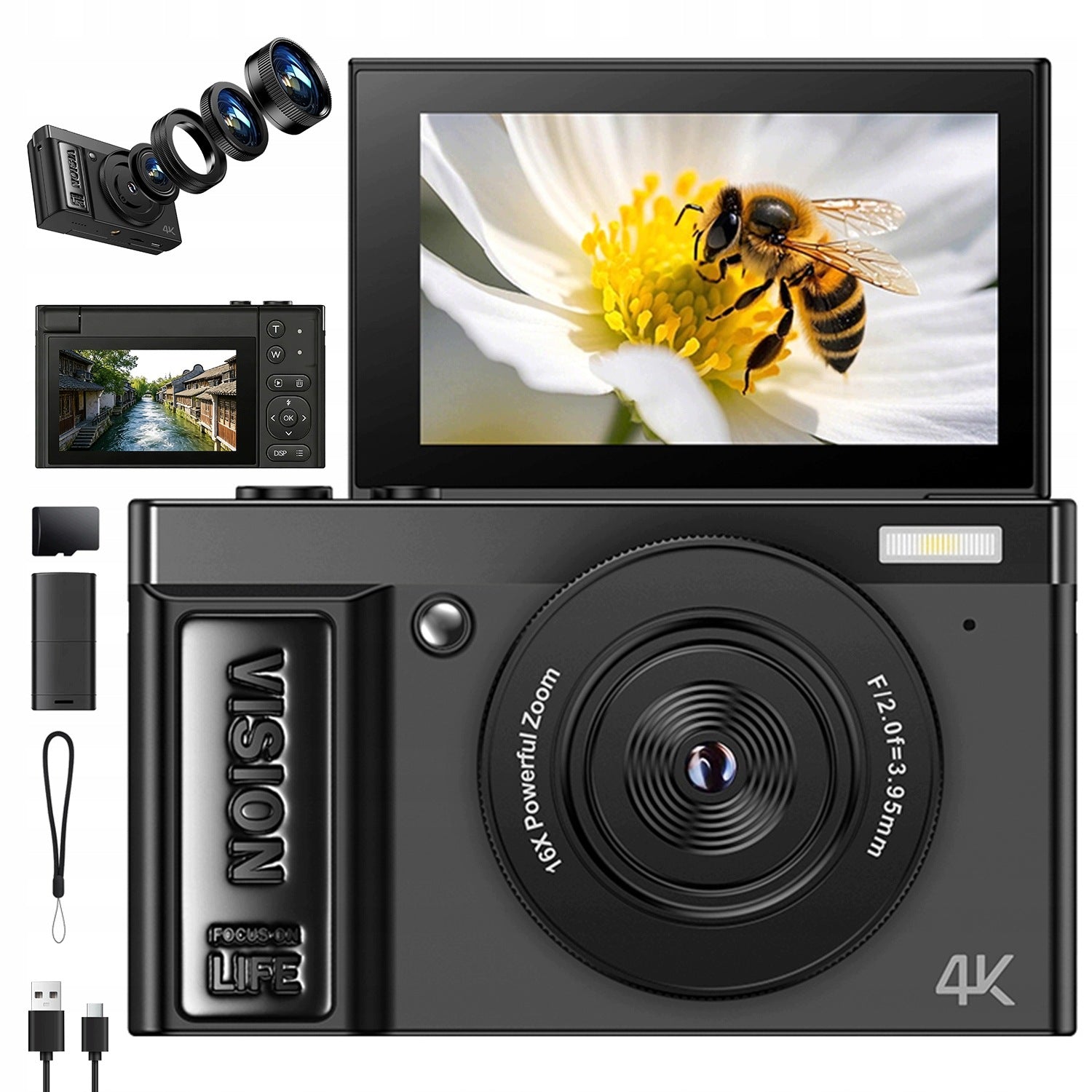 4K DIGITAL CAMERA FOR PHOTOGRAPHY AND VIDEOS WITH TILTING SCREEN CAMERA BLACK