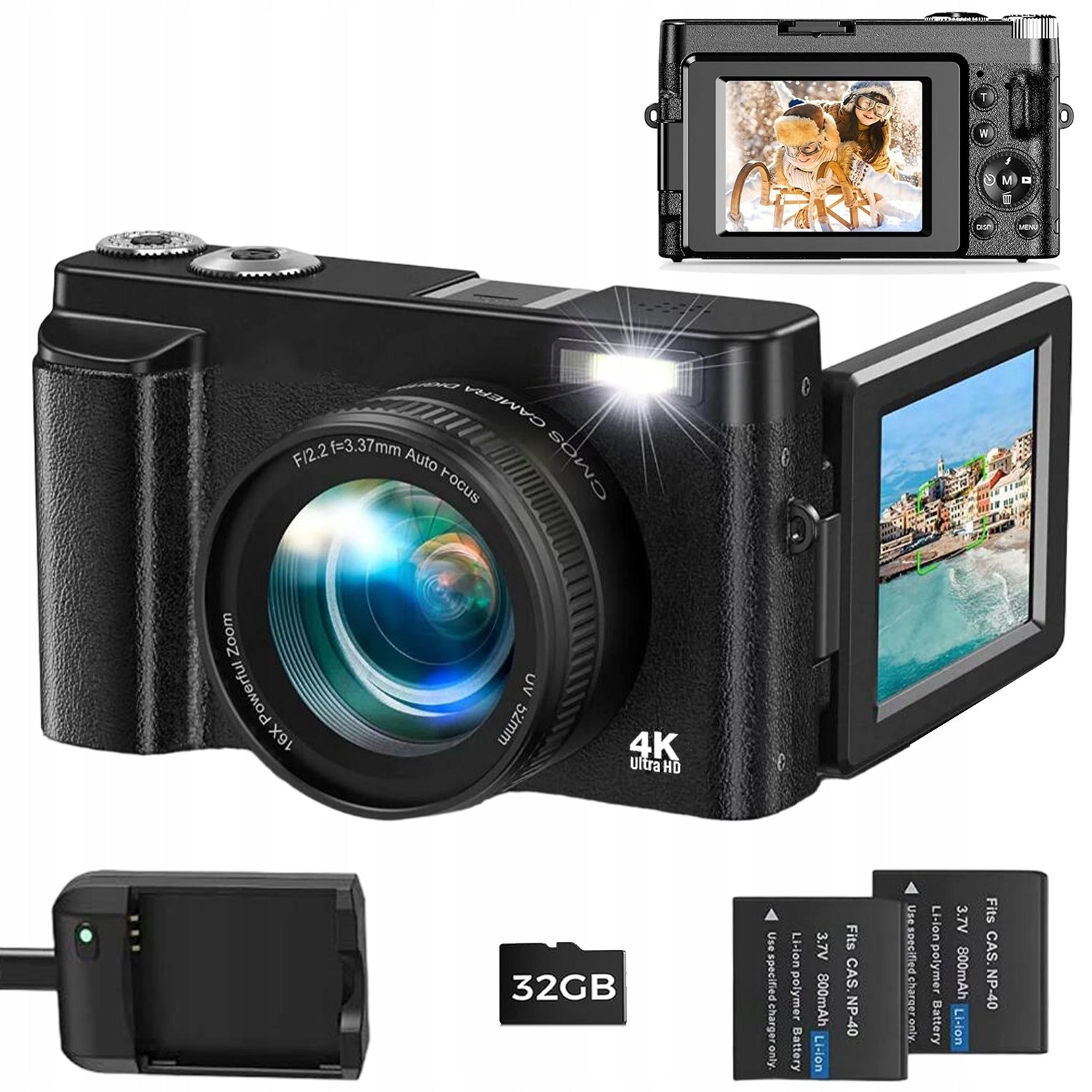 4K DIGITAL CAMERA WITH AUTOFOCUS SCREEN 3.0"" 180° CARD SD 32GB HDMI