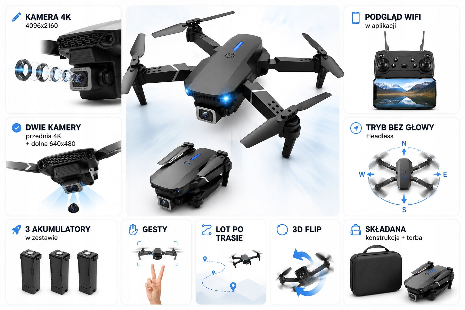4K DRONE WITH TWO CAMERAS 3 BATTERIES FOLDABLE RANGE 100M GESTURES 3D FLIP LED Manufacturer code DRON 4K Z DWOMA KAMERAMI 3 BATERIE SKŁADANY