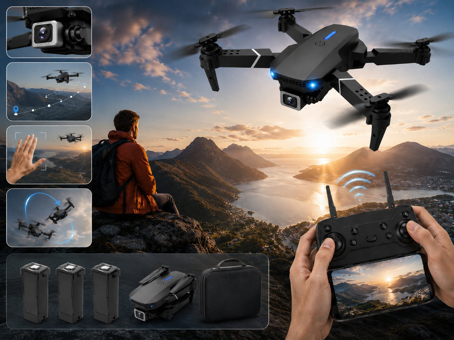 4K DRONE WITH TWO CAMERAS 3 BATTERIES FOLDABLE RANGE 100M GESTURES 3D FLIP LED Packaging status original