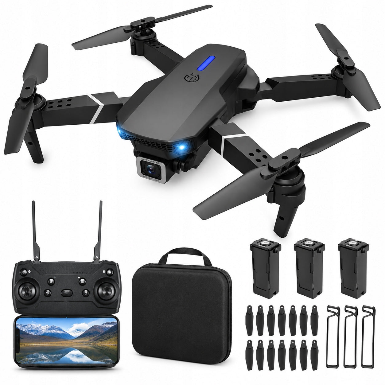 4K DRONE WITH TWO CAMERAS 3 BATTERIES FOLDABLE RANGE 100M GESTURES 3D FLIP LED
