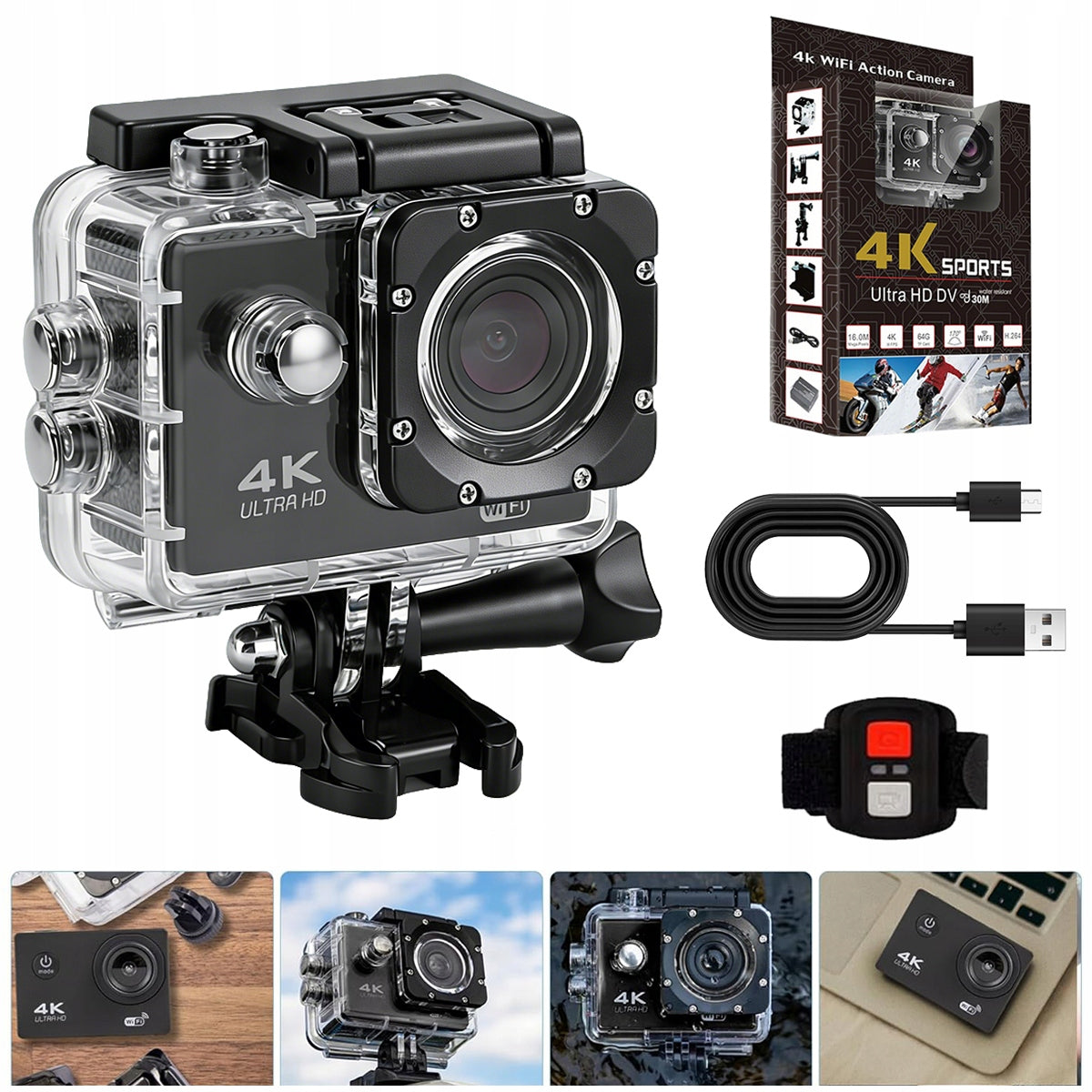 4K SPORTS CAMERA USB WIFI MICROPHONE WATERPROOF AKCESORIA SET