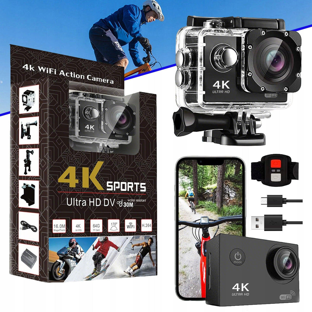 4K UHD SPORTS WIFI CAMERA WATERPROOF BLACK 30M 20MP