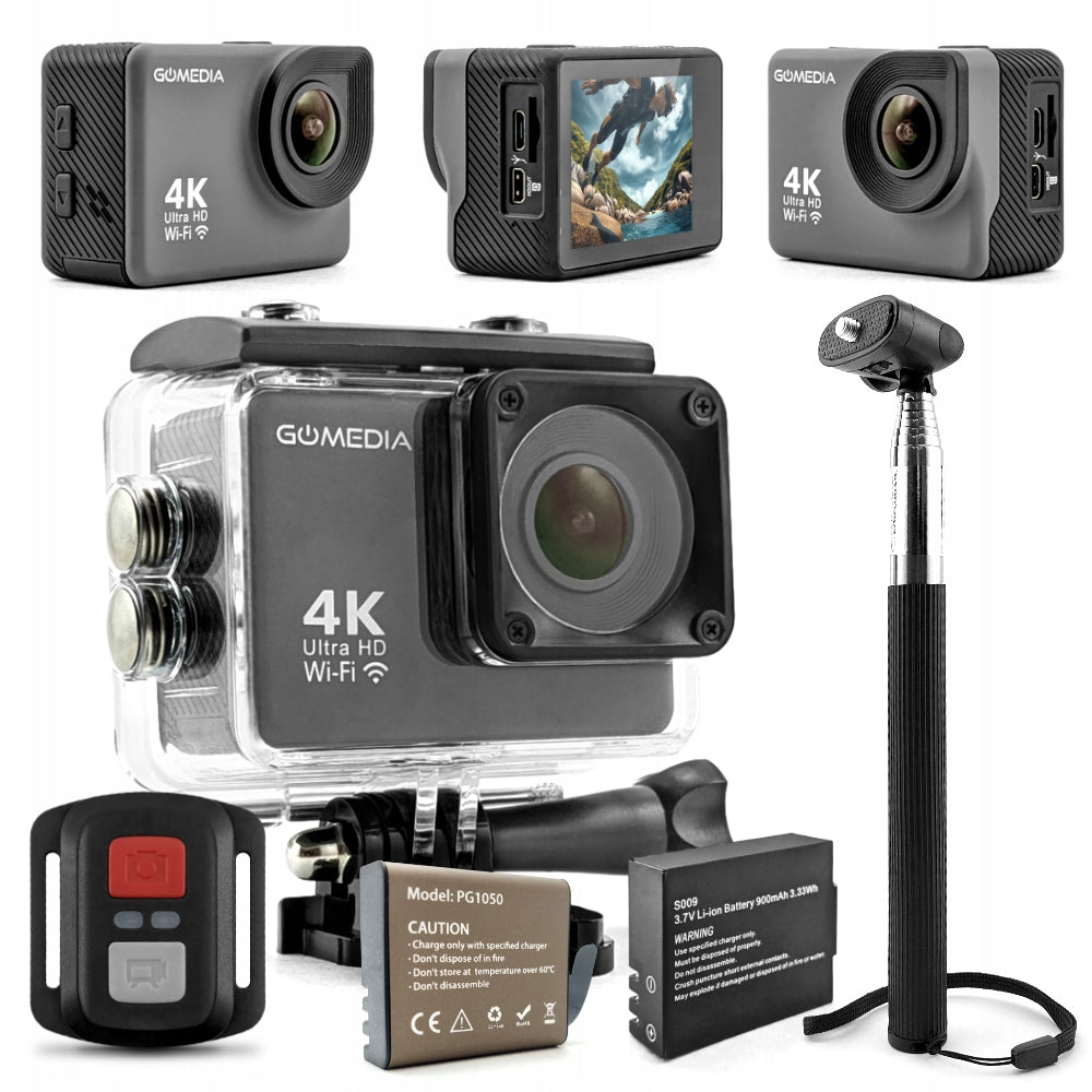 4K UHD Sports Camera 30FPS WiFi HDMI Remote Control Waterproof 2 Monopod Batteries