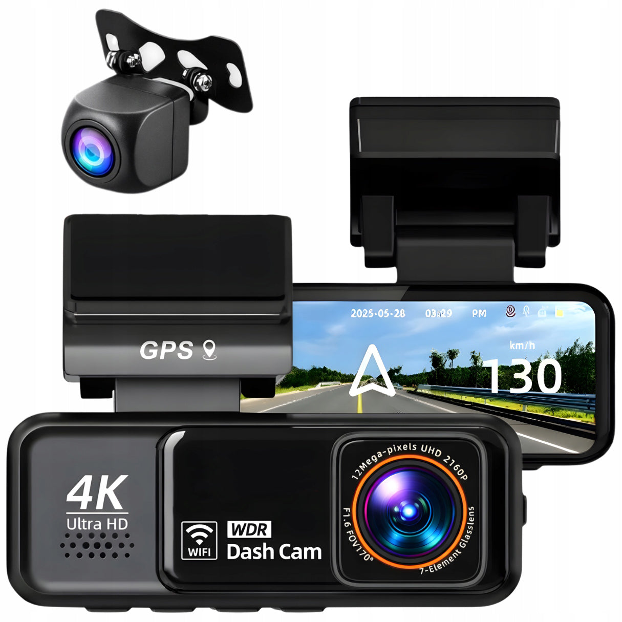 4K ULTRA HD Video Recorder Front + Rear GPS WiFi Car Camera 170°