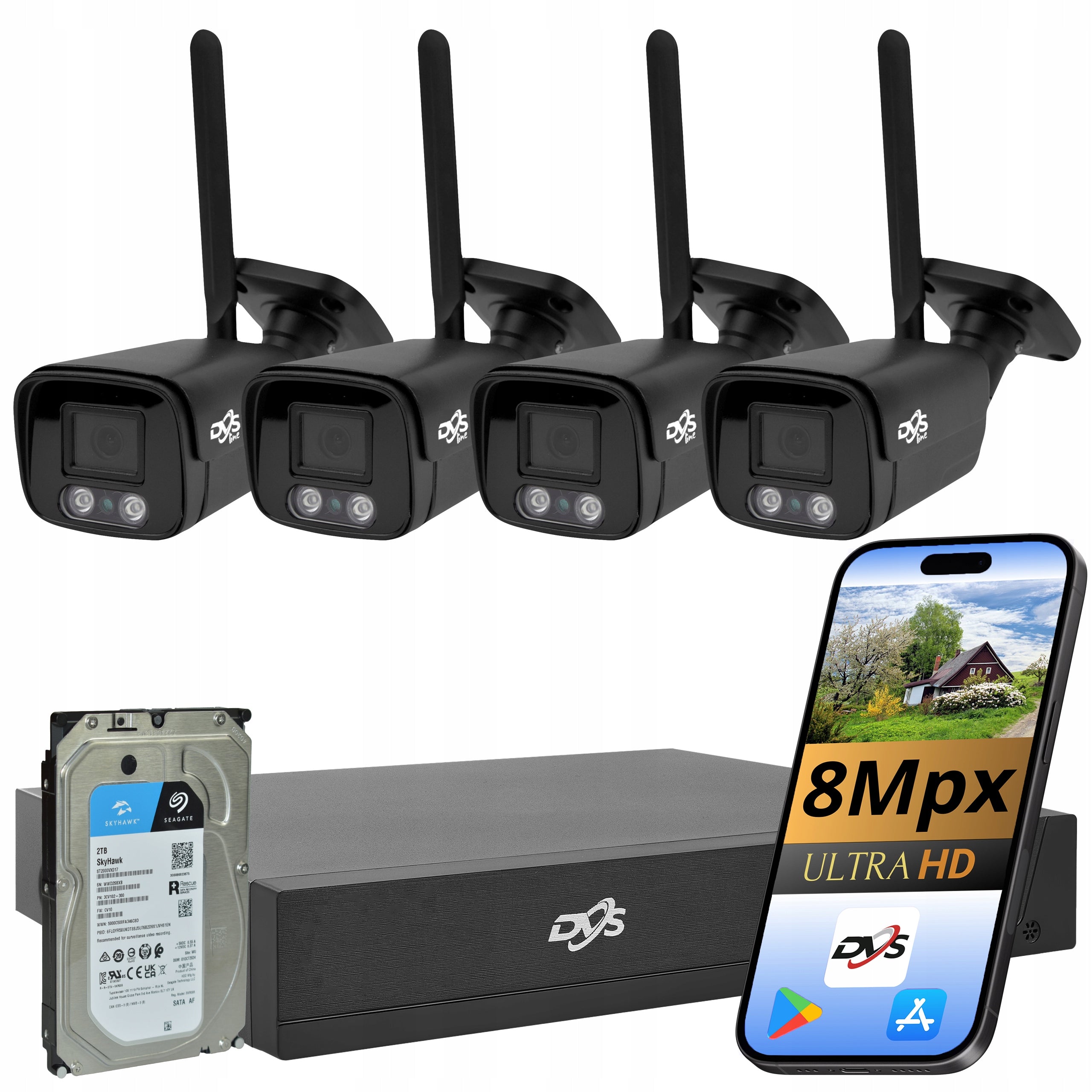 4K WIFI CAMERA KIT 4 CAMERAS BLACK WIRELESS 8Mpx TUBE MONITORING 2TB